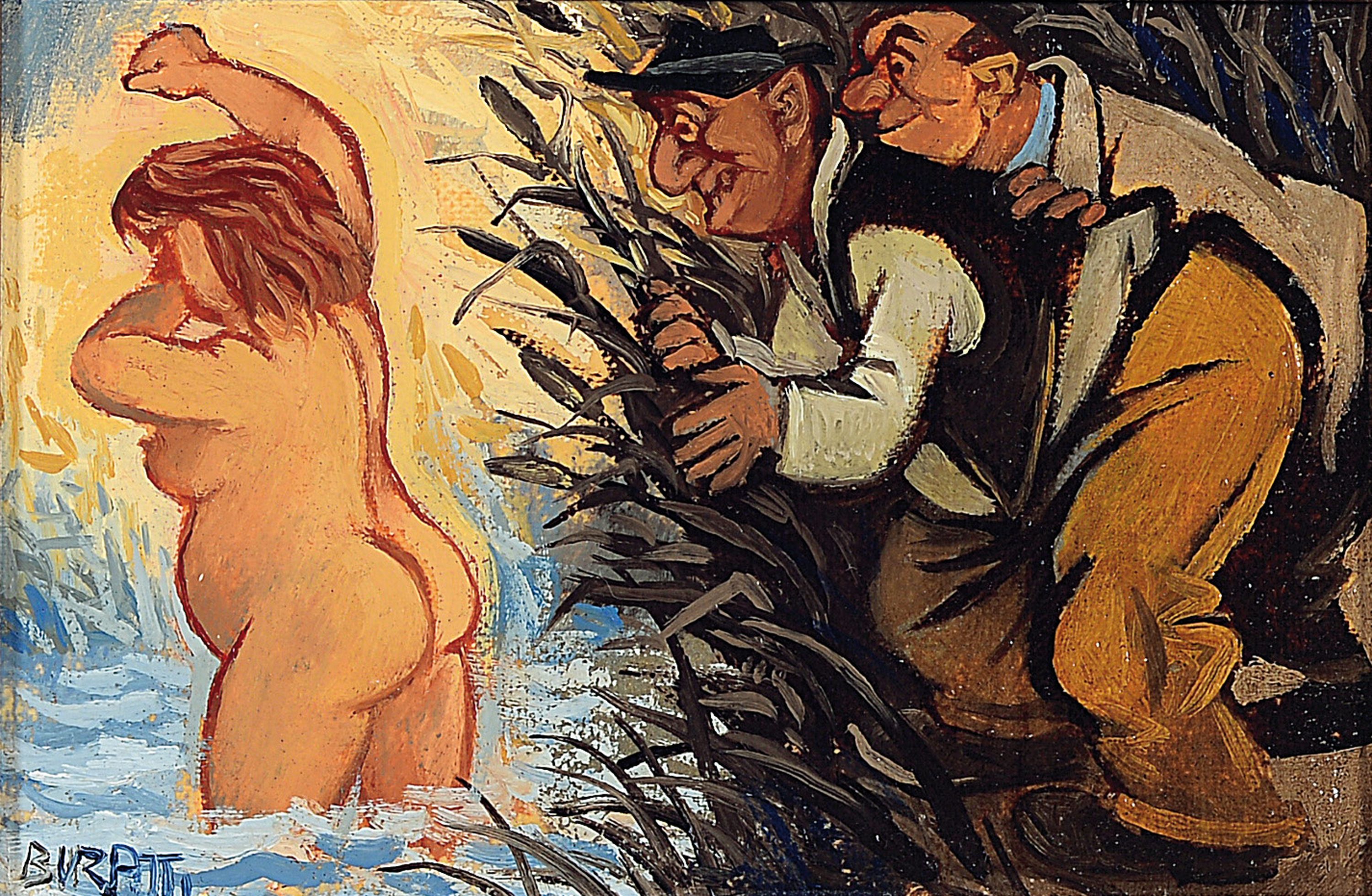 Romano Buratti, geb. 1937, humoristische Szene in Anlehnung an Susanna im Bade, bez. "Due Spie", signiert und datiert 1995, Öl/Karton, ...