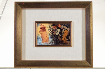 26749422k - Romano Buratti, born 1937, humorous scene based on Susanna in the bath, labeled #"Due Spie#", signed and dated 1995, oil/cardboard, 10x15 cm, frame 30x35 cm