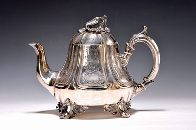 Image 26750087 - Teapot, Shaw & Fisher, Sheffield, around 1870, silver-plated metal, chased decor with baroque style elements, fully sculptured lid crown with leaves and flower buds, height 19 cm, approx. 846g