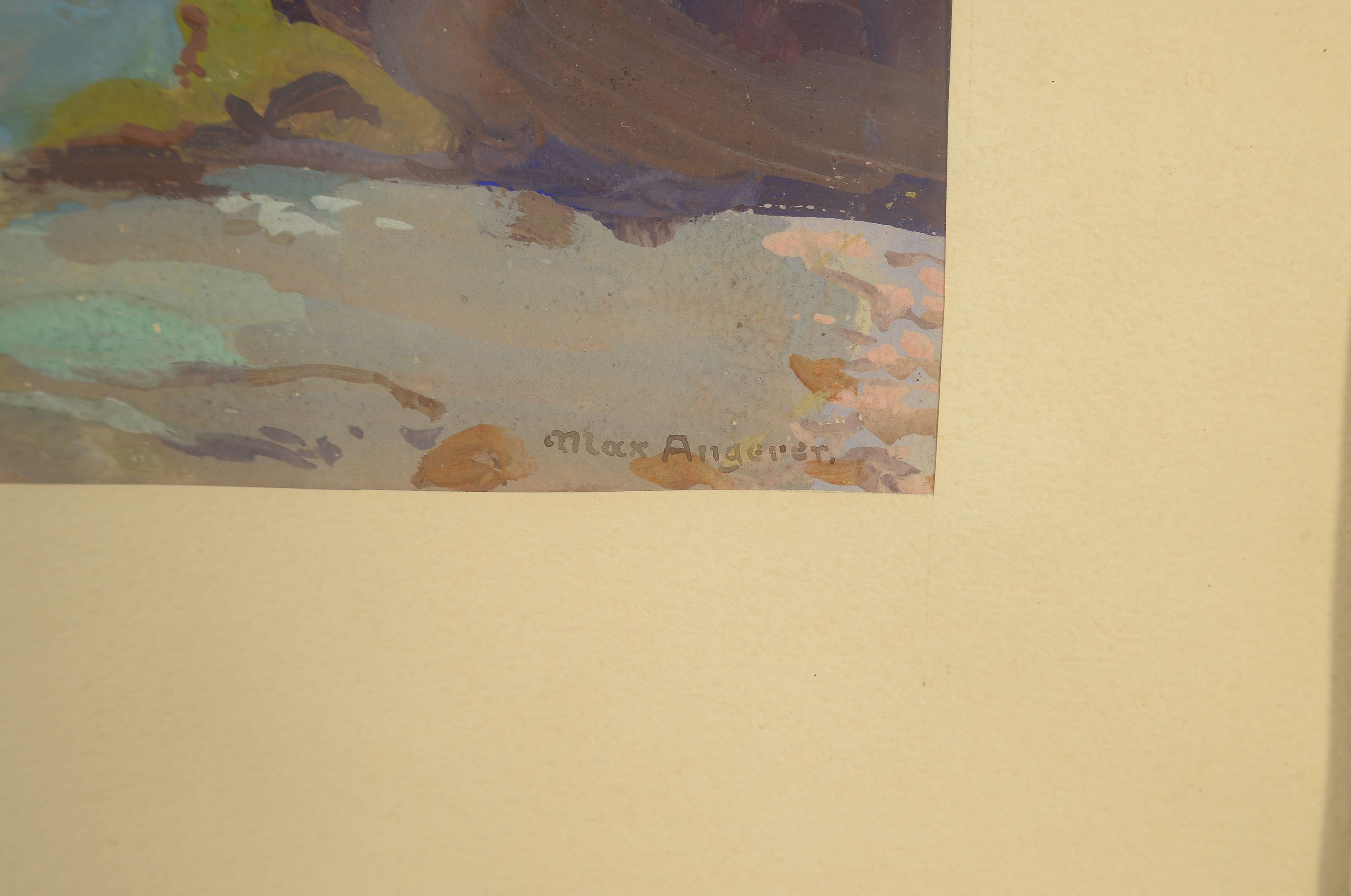 Detail l: Max Angerer, 1877-1955, Landschaft mit Felsen und Bachlauf, Gouache auf Papier, rechts unten sign., ca. 16x23cm, PP, u.Gl., R. ca. 29x34.5cm