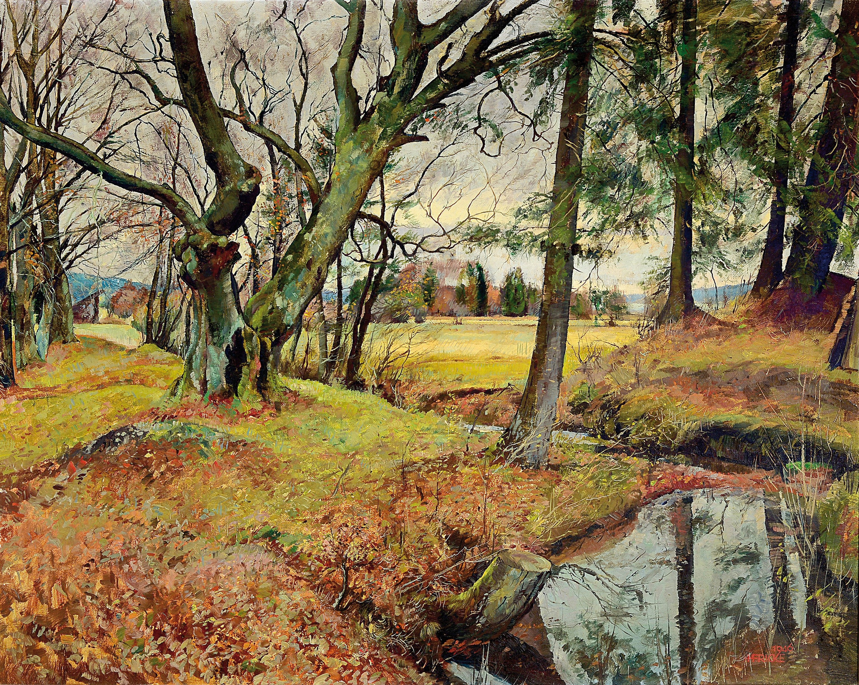 Hermann Fricke, 1886-1966, Herbstliche Landschaft mit Bäumen und Bachlauf, Öl/Lwd, rechts unten sign. und dat. 1946, ca. 80x 100cm, R. ca. 94x114cm