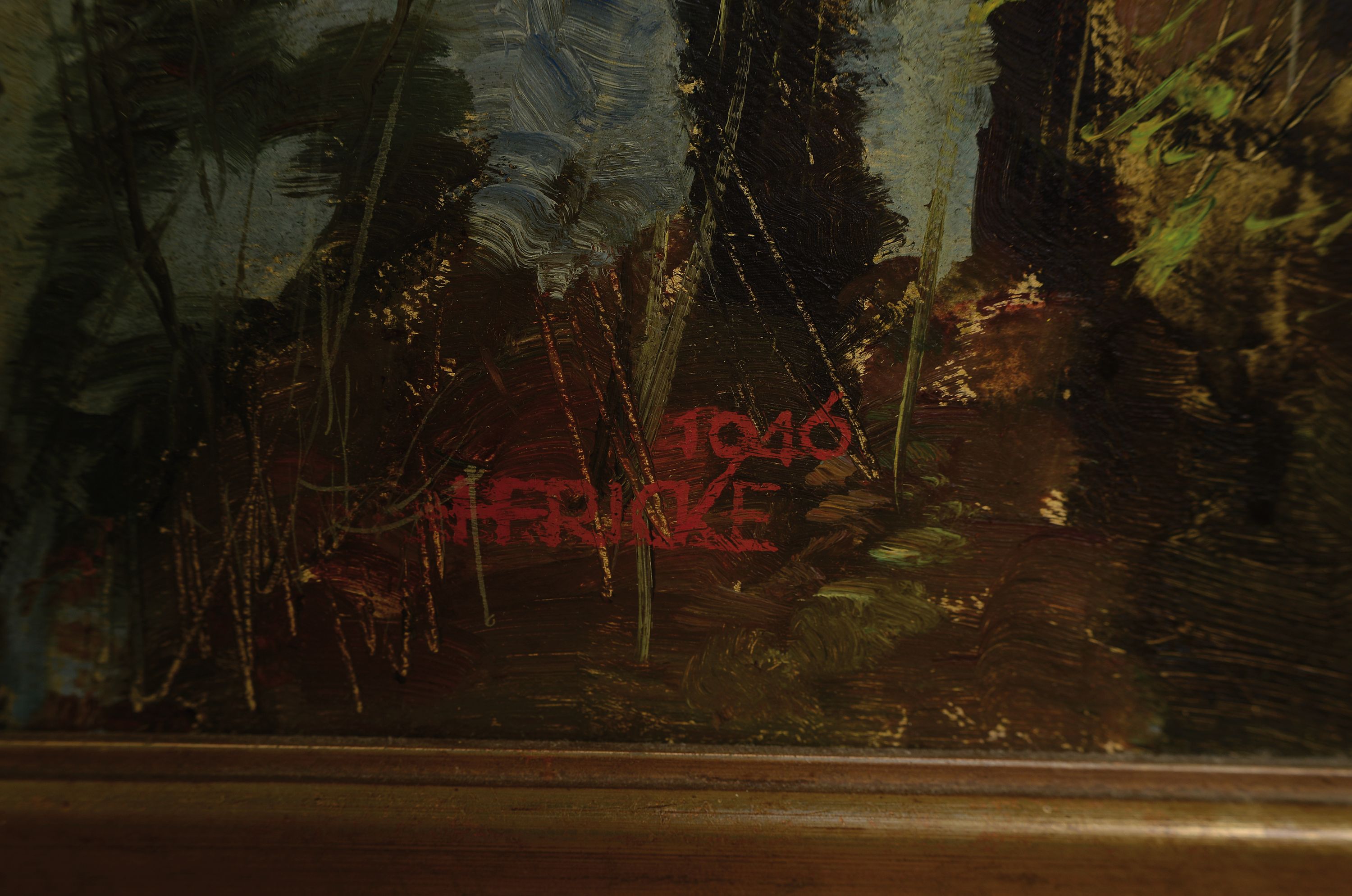 Detail a: Hermann Fricke, 1886-1966, Herbstliche Landschaft mit Bäumen und Bachlauf, Öl/Lwd, rechts unten sign. und dat. 1946, ca. 80x 100cm, R. ca. 94x114cm