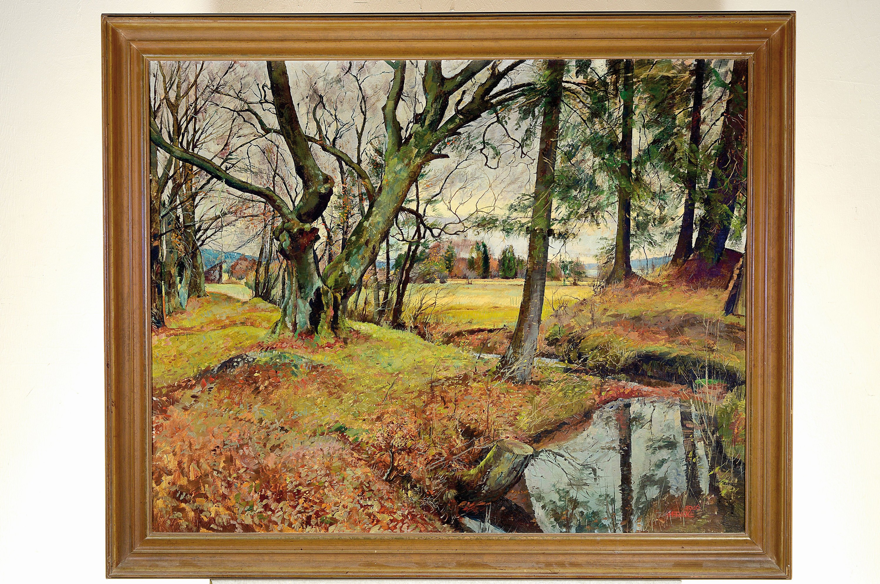 Detail k: Hermann Fricke, 1886-1966, Herbstliche Landschaft mit Bäumen und Bachlauf, Öl/Lwd, rechts unten sign. und dat. 1946, ca. 80x 100cm, R. ca. 94x114cm