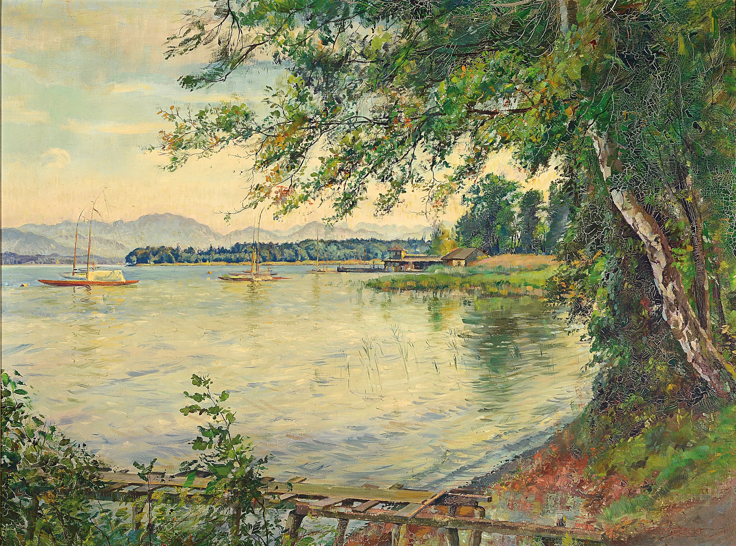 Hermann Fricke, 1886-1966, Seeuferlandschaft mit Birken und Booten, Öl/Lwd, rechts unten sign., ca. 75x100cm, R. ca. 89x114cm