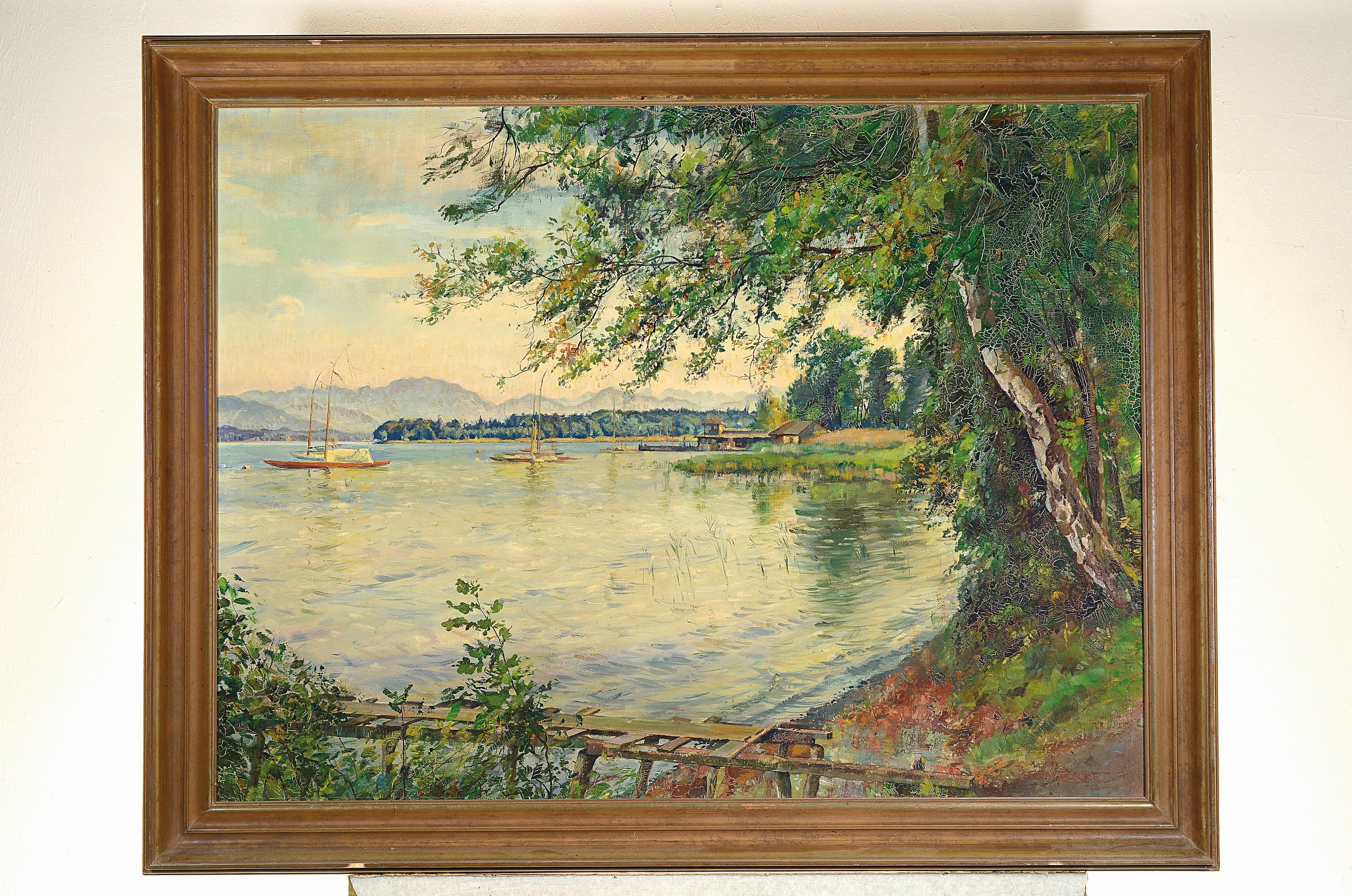 Detail k: Hermann Fricke, 1886-1966, Seeuferlandschaft mit Birken und Booten, Öl/Lwd, rechts unten sign., ca. 75x100cm, R. ca. 89x114cm