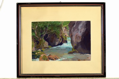 26750112k - Max Angerer, 1877-1955, landscape with rocks and beck, gouache on paper, right below sign.,approx. 16x23cm, PP, under glass, frame approx. 29x34.5cm