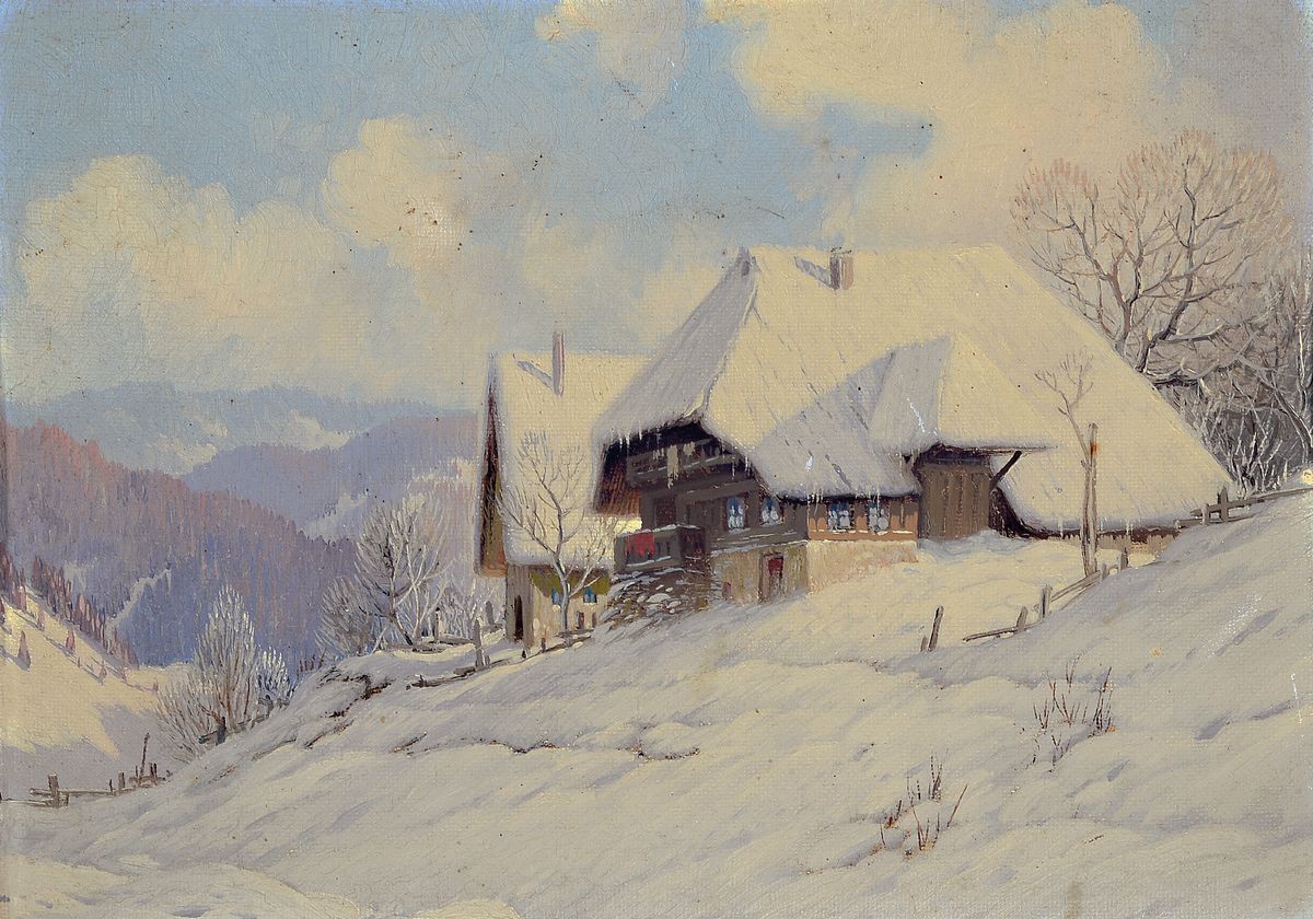 Karl Hauptmann, 1880 Freiburg-1947 Todtnau, verschneiter Schwarzwaldhof, "Winterlandschaften im Schwarzwald", idyllische Landschaft mit ...