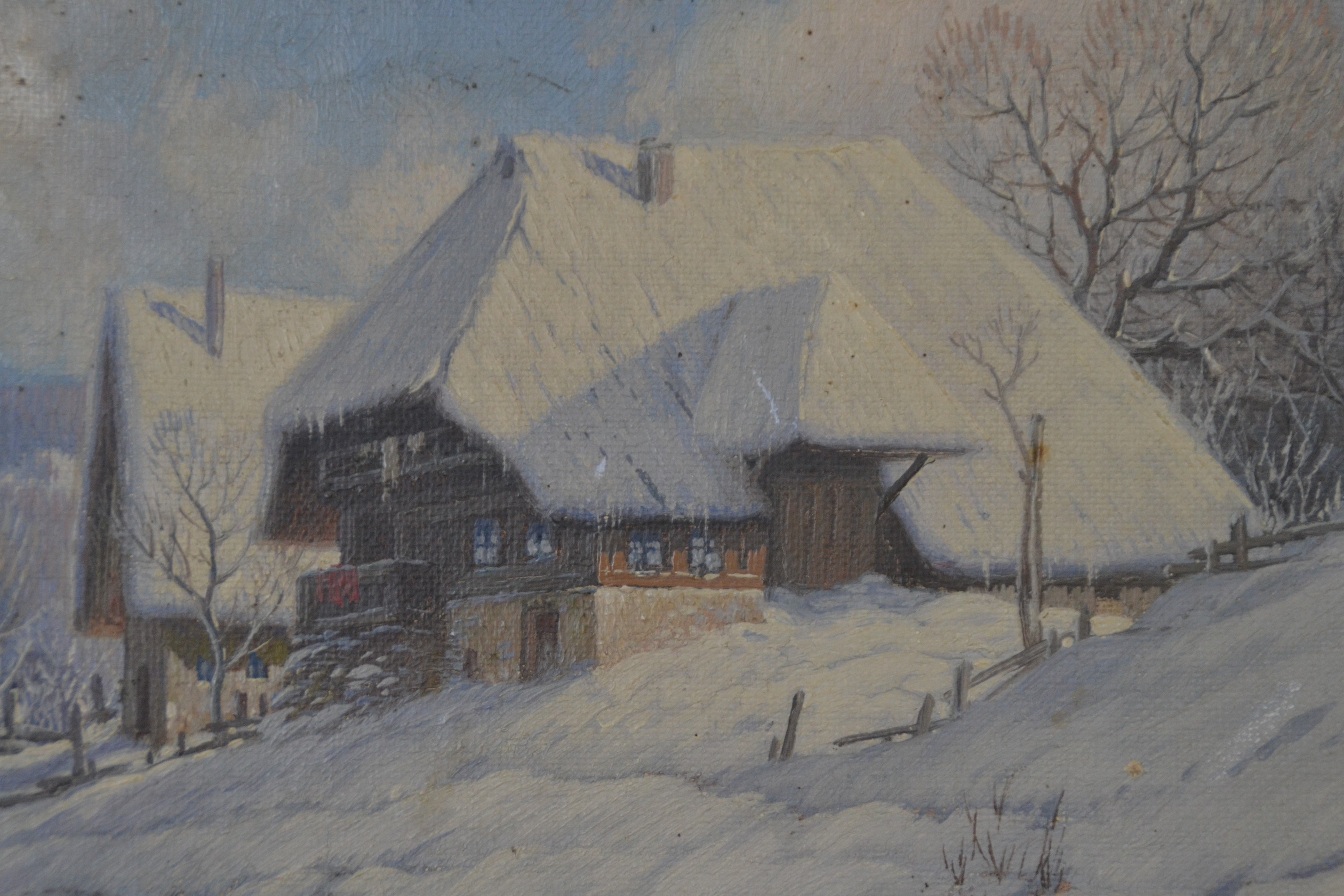 Detail a: Karl Hauptmann, 1880 Freiburg-1947 Todtnau, verschneiter Schwarzwaldhof, "Winterlandschaften im Schwarzwald", idyllische Landschaft mit ...