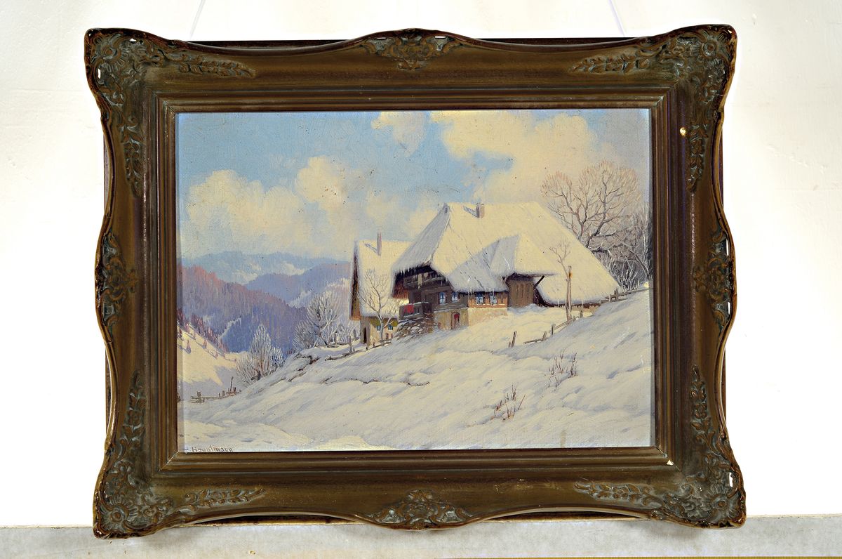 Detail k: Karl Hauptmann, 1880 Freiburg-1947 Todtnau, verschneiter Schwarzwaldhof, "Winterlandschaften im Schwarzwald", idyllische Landschaft mit ...