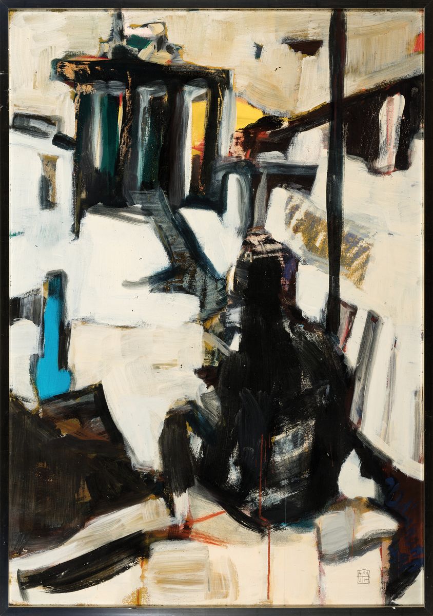 Jürgen Halfmann, Jeanne d'Arc vor dem Brandenburger Tor, Öl/Lwd, re. u. monogr. und dat. 4 91, rückseitig signiert, ca. 95x65cm, R.