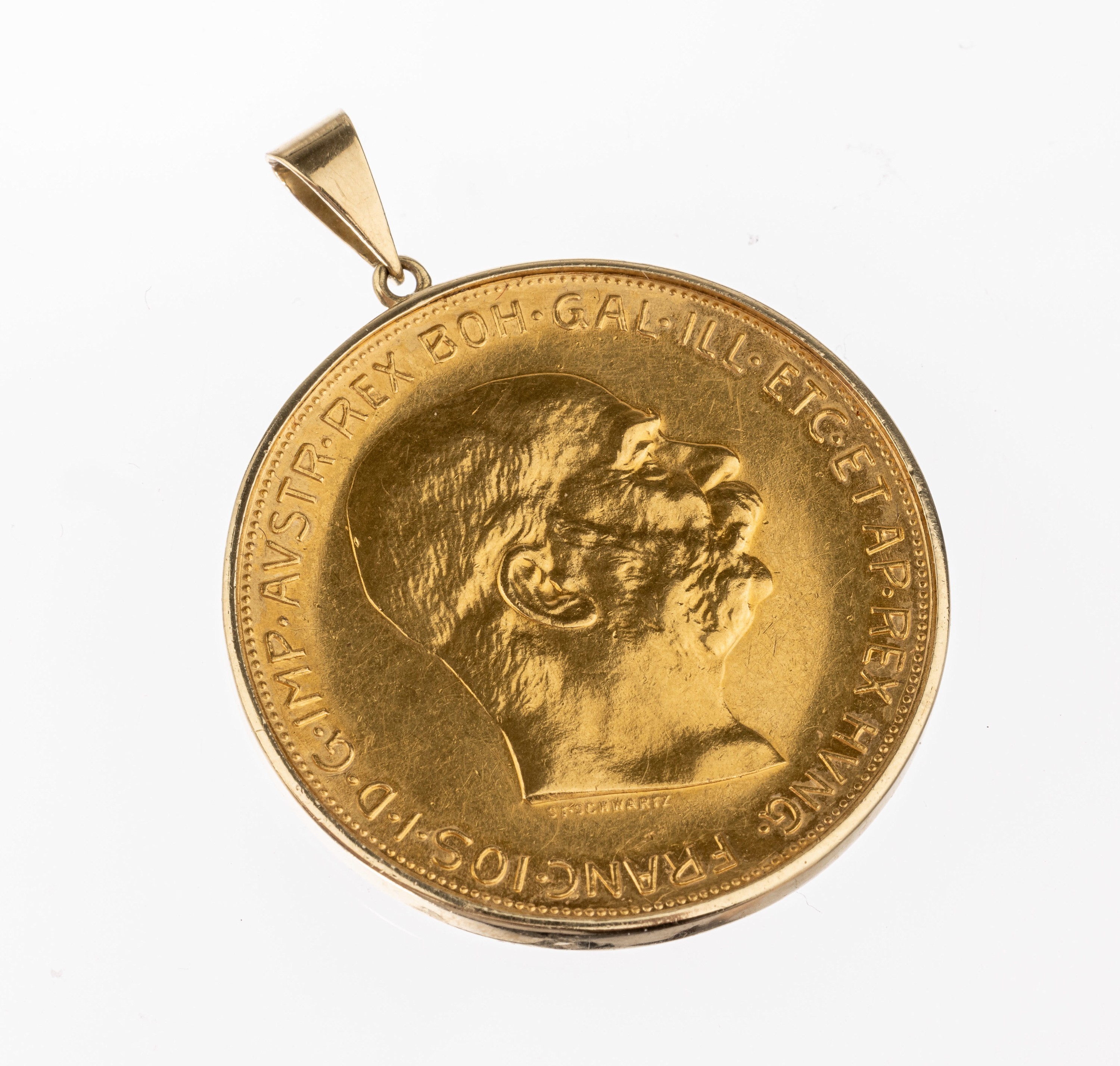 14 kt Gold Münzanhänger, GG 585/000, lose gefasste Goldmünze, 100 Kronen, Österreich -Ungarn, 1915 offizielle Nachprägung, schlichte Rahmung, ...