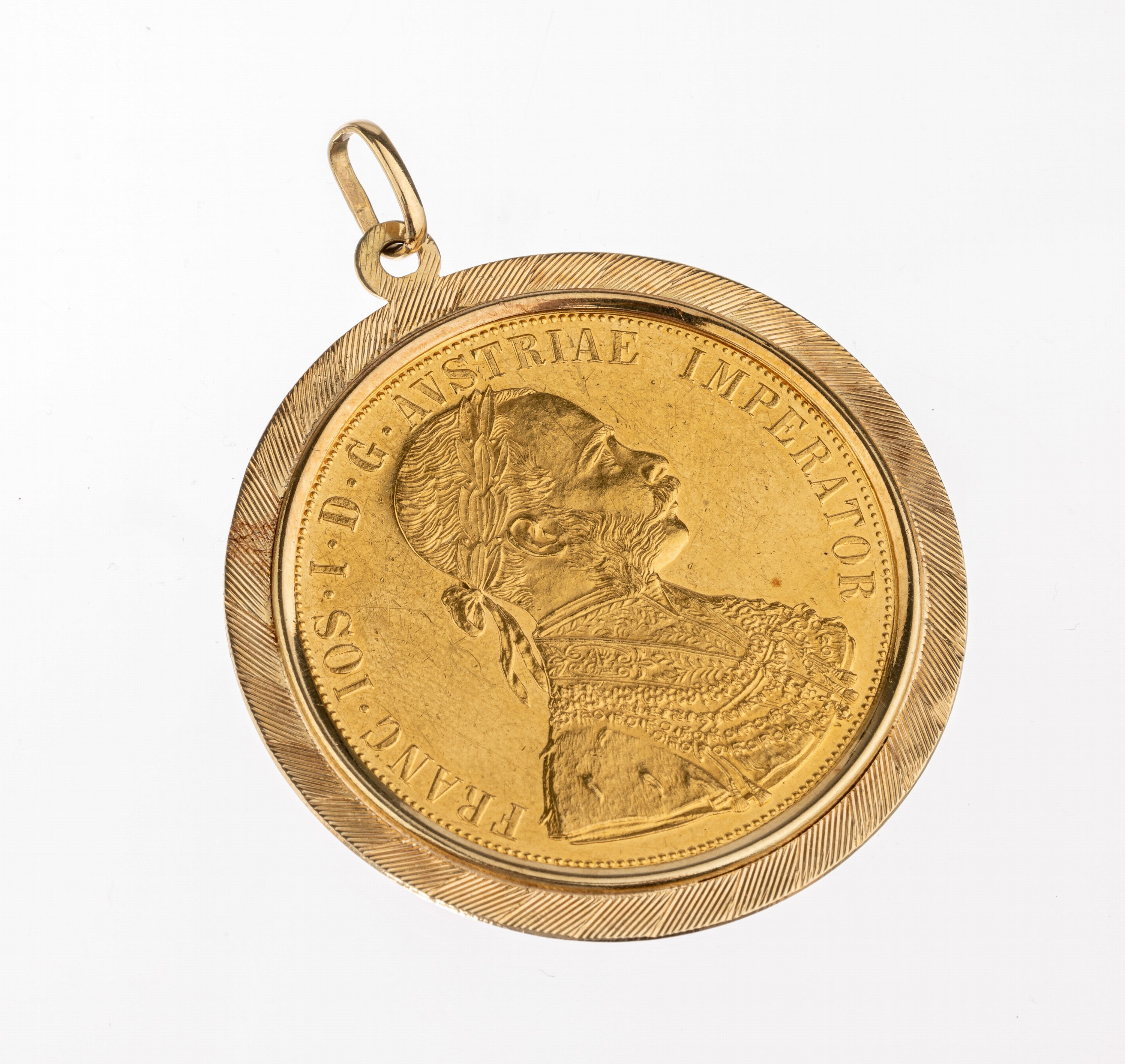 14 kt Gold Münzanhänger, GG 585/000, lose gefasste Goldmünze, 4 Dukaten, Österreich -Ungarn, 1915 offizielle Nachprägung, Rahmen grav., D. ca. ...