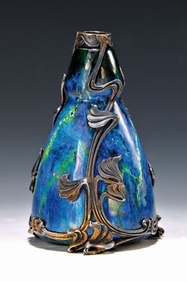 Image 26750547 - Art Nouveau vase, German, around 1900, enameled body, min. dam., 800 silver mount, floral decoration, slightly damaged on frame and body, height approx. 15 cm