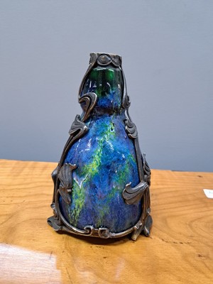 26750547a - Art Nouveau vase, German, around 1900, enameled body, min. dam., 800 silver mount, floral decoration, slightly damaged on frame and body, height approx. 15 cm