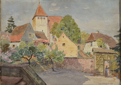 Image 26752838 - August Croissant, 1870 Edenkoben-1941 Landau, view of a village in the Palatinate, watercolor on paper, sign right below. and dated 1923, approx. 26x37cm, under glass, frame approx. 45x56cm