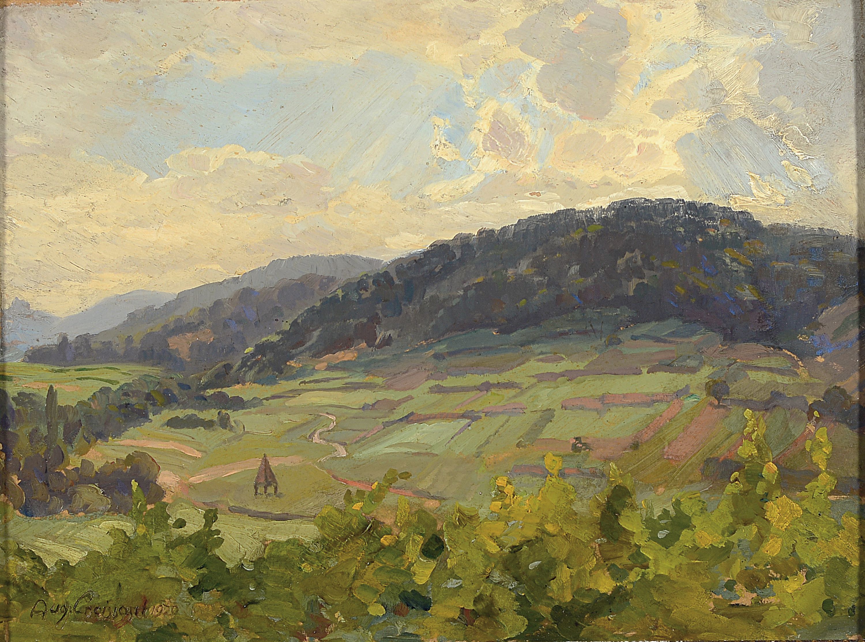August Croissant, 1870 Edenkoben-1941 Landau, Pfälzer Landschaft bei Annweiler, Öl/Malkarton, links unten signiert und dat. 1920, ca. 30x40cm, R. ...