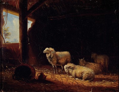 Image 26752997 - Unidentified artist, probably the Netherlands,2nd half of 19th century, sheep in the stable,oil/canvas/hardboard, approx. 17x22cm, frame approx. 24.5x29.5cm