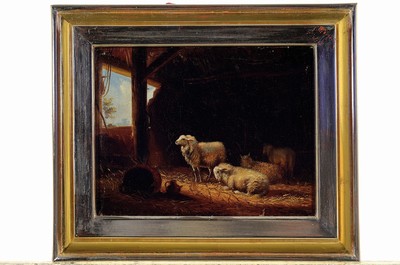 26752997k - Unidentified artist, probably the Netherlands,2nd half of 19th century, sheep in the stable,oil/canvas/hardboard, approx. 17x22cm, frame approx. 24.5x29.5cm