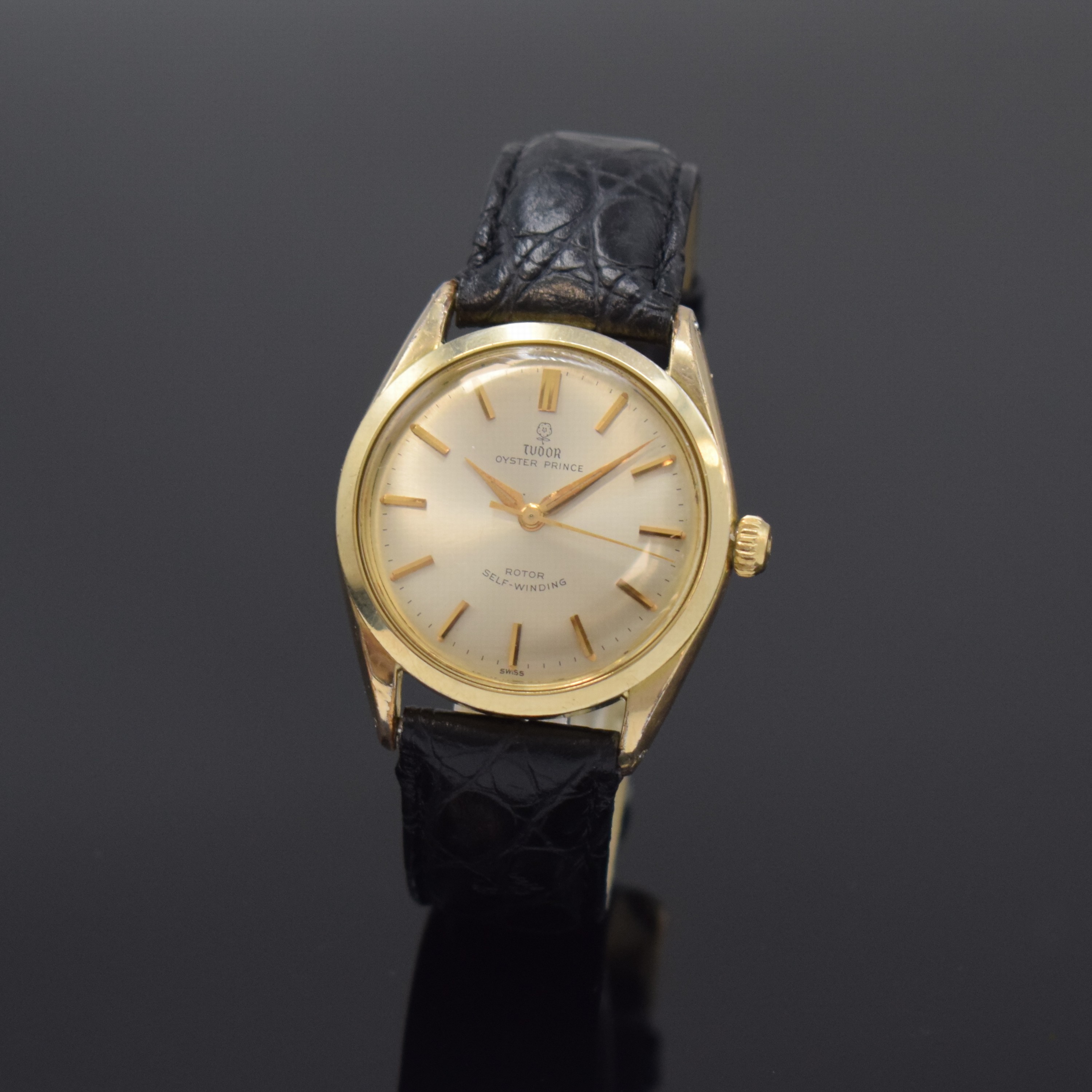 TUDOR Oyster Prince Referenz 7965 vergoldete Armbanduhr, Schweiz um 1960, Automatik, verschr. Oystergeh. m. Stahlboden, silb. Zifferbl. m. aufges. ...