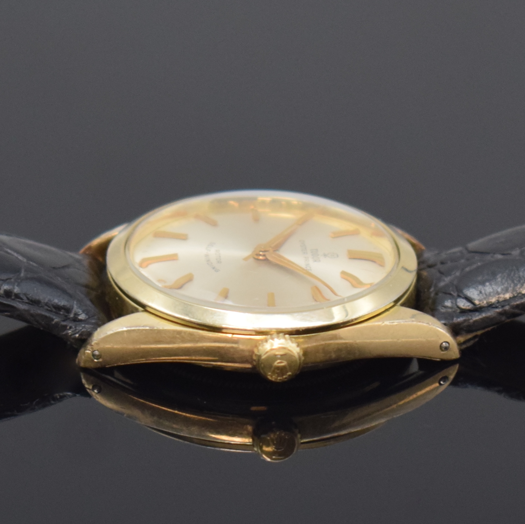 Detail b: TUDOR Oyster Prince Referenz 7965 vergoldete Armbanduhr, Schweiz um 1960, Automatik, verschr. Oystergeh. m. Stahlboden, silb. Zifferbl. m. aufges. ...