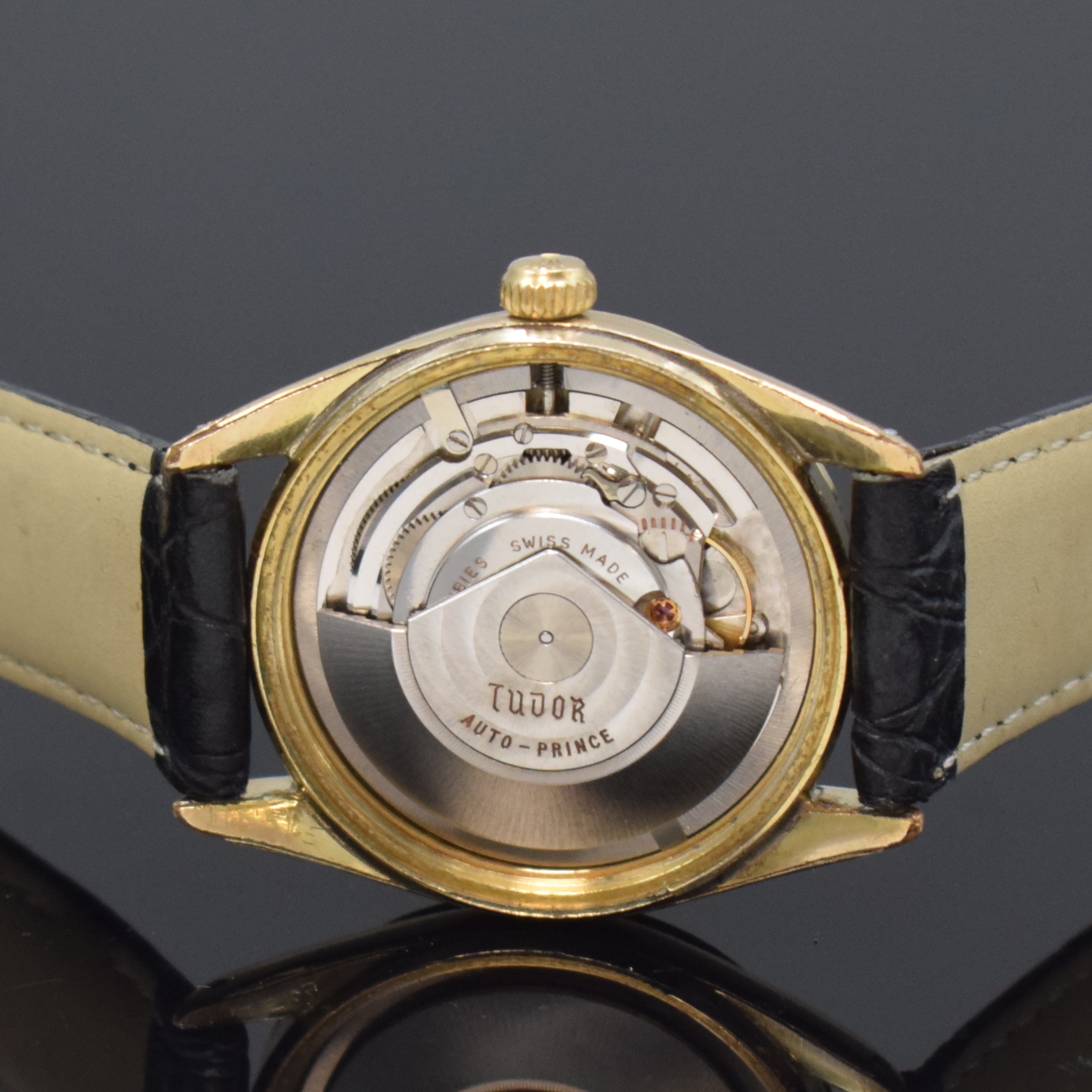 Detail d: TUDOR Oyster Prince Referenz 7965 vergoldete Armbanduhr, Schweiz um 1960, Automatik, verschr. Oystergeh. m. Stahlboden, silb. Zifferbl. m. aufges. ...