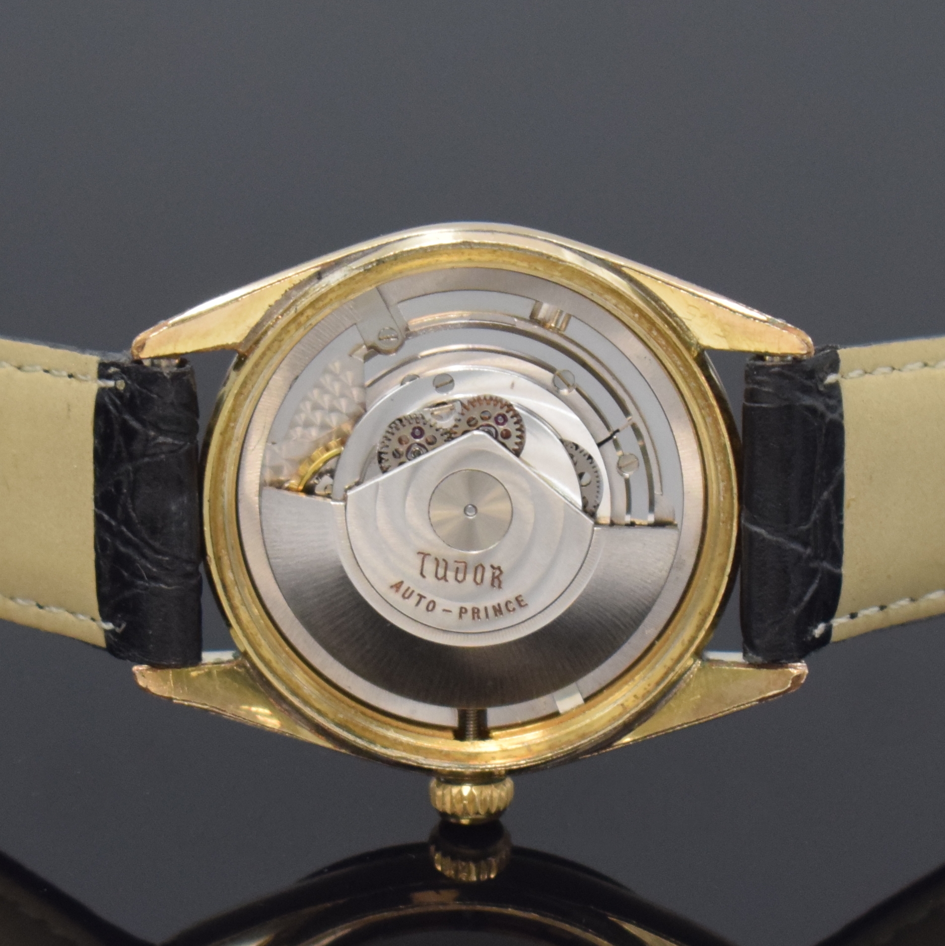 Detail e: TUDOR Oyster Prince Referenz 7965 vergoldete Armbanduhr, Schweiz um 1960, Automatik, verschr. Oystergeh. m. Stahlboden, silb. Zifferbl. m. aufges. ...
