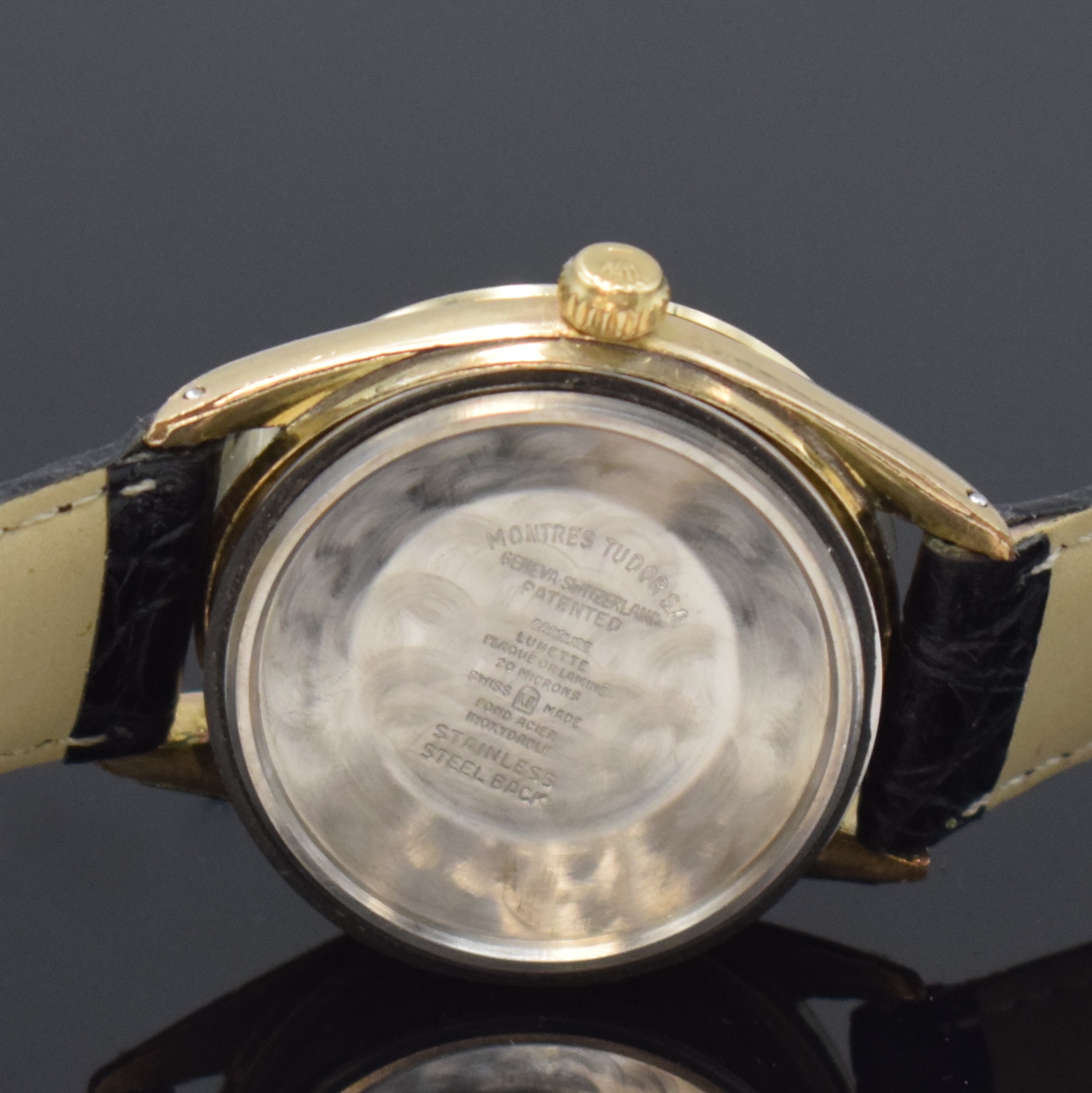Detail f: TUDOR Oyster Prince Referenz 7965 vergoldete Armbanduhr, Schweiz um 1960, Automatik, verschr. Oystergeh. m. Stahlboden, silb. Zifferbl. m. aufges. ...