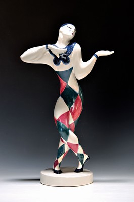 Image 26753378 - Large sculpture, Karlsruhe majolica, Fritz Behn (1878 Klein-Grabow-1970 Munich), the dancer Vaslav Nijinsky as a harlequin, model no. 1268, partially painted red and green, H. approx. 49cm
