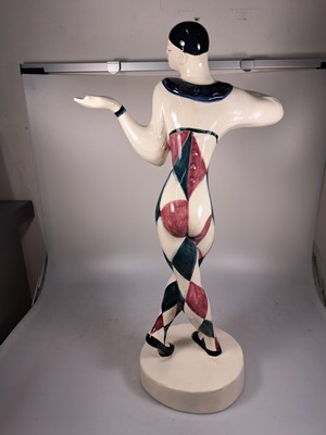 26753378b - Large sculpture, Karlsruhe majolica, Fritz Behn (1878 Klein-Grabow-1970 Munich), the dancer Vaslav Nijinsky as a harlequin, model no. 1268, partially painted red and green, H. approx. 49cm