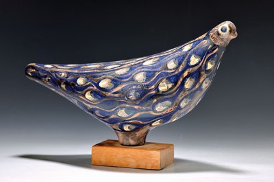 Image 26753381 - Sculpture by Eva Fritz Lindner, 1933 Düsseldorf-2017 Karlsruhe, Karlsruhe majolica, probably unique, quail, hand-painted, wooden base, height approx. 22.5cm
