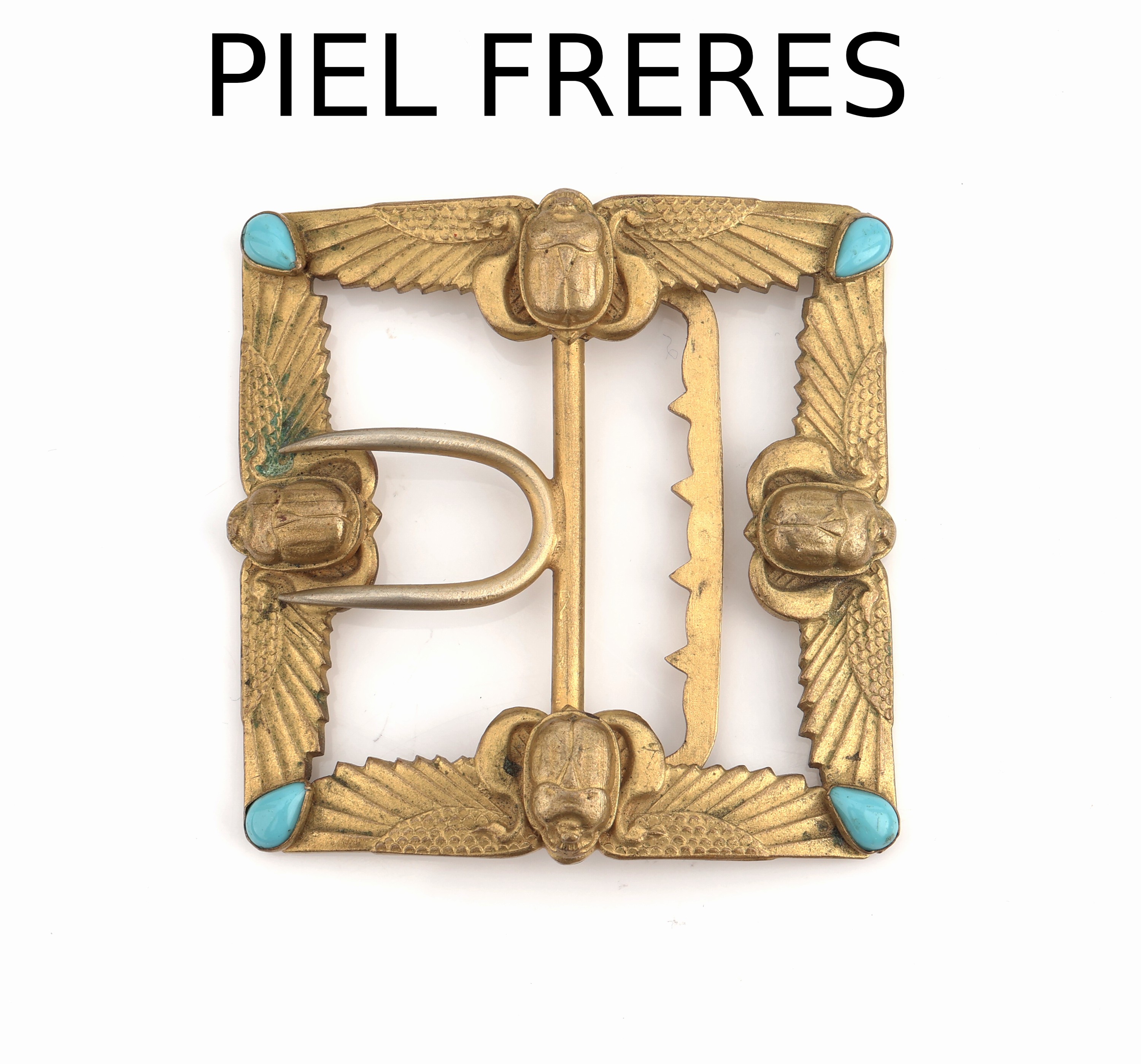 Gürtelschließe PIEL FRERES, Frankreich um 1900, Metall, Skarabäus-Motiv, Ecken mit türkisfarb. Glascabochons in Tropfenform, ca. 6 x 6 cm, ...