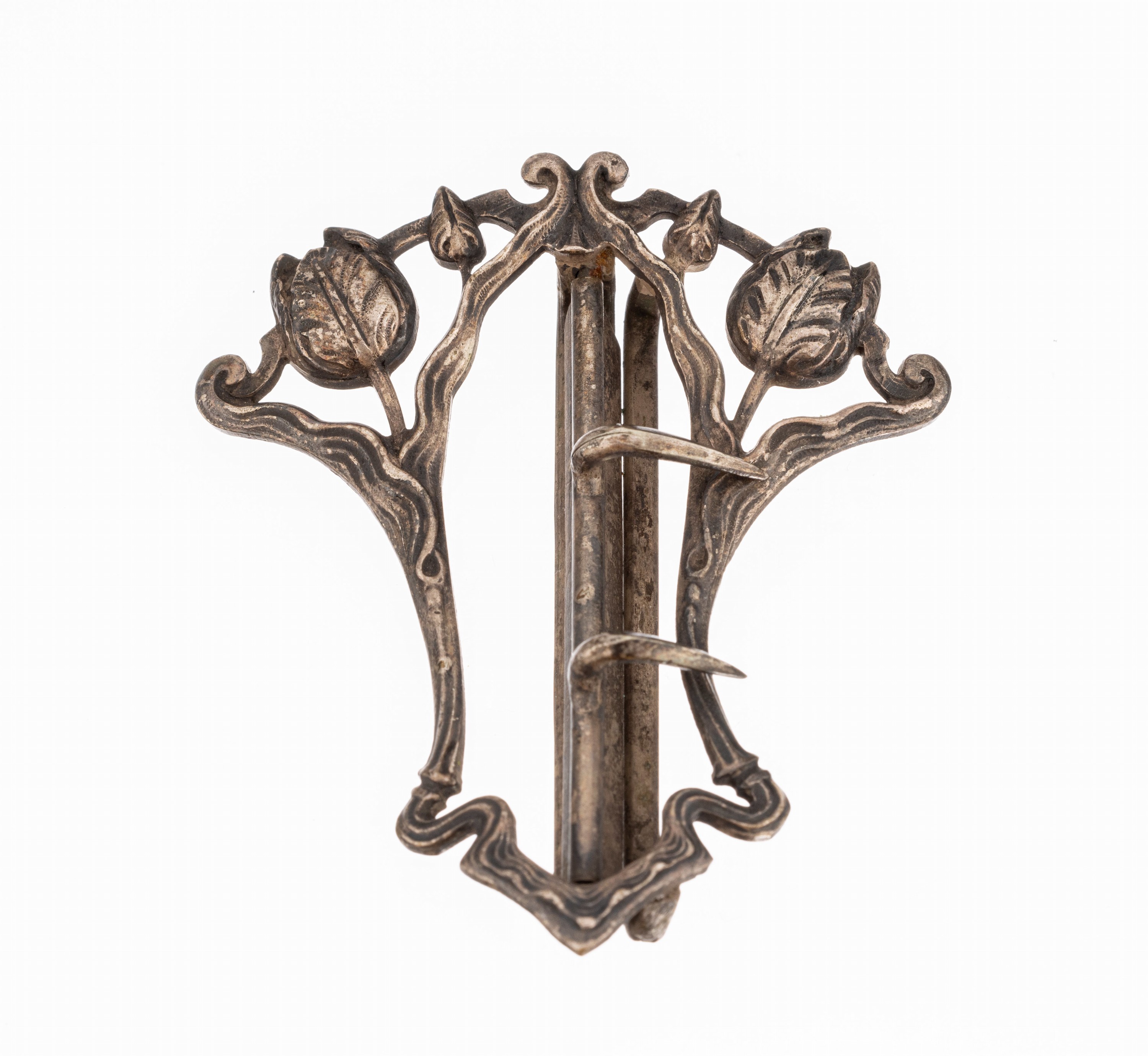 Gürtelschliesse, Frankreich um 1900, Jugendstil, Silber, gepr., Brevette S.G.D.G, Meistermarke AT in Raute Alexandre Thibaut, symm. Aufbau mit ...