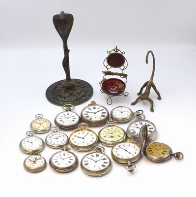 Image 26754063 - 14 pocket watches and 3 Pocket watch stands, Switzerland/USA/Russia around 1880-1980, crown winding, 4x silver, 2 big 8 days, 1x complete calendar with moon phase, 1x Mickey Mouse, 2x holder has to be replaced (stand), diameter approx. 50-71 mm, partial not working, condition 2-4 more informations on request