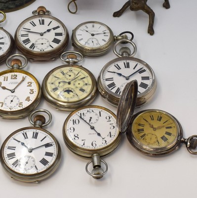 26754063b - 14 pocket watches and 3 Pocket watch stands, Switzerland/USA/Russia around 1880-1980, crown winding, 4x silver, 2 big 8 days, 1x complete calendar with moon phase, 1x Mickey Mouse, 2x holder has to be replaced (stand), diameter approx. 50-71 mm, partial not working, condition 2-4 more informations on request