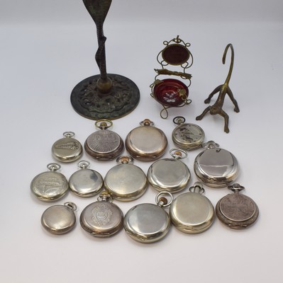 26754063c - 14 pocket watches and 3 Pocket watch stands, Switzerland/USA/Russia around 1880-1980, crown winding, 4x silver, 2 big 8 days, 1x complete calendar with moon phase, 1x Mickey Mouse, 2x holder has to be replaced (stand), diameter approx. 50-71 mm, partial not working, condition 2-4 more informations on request