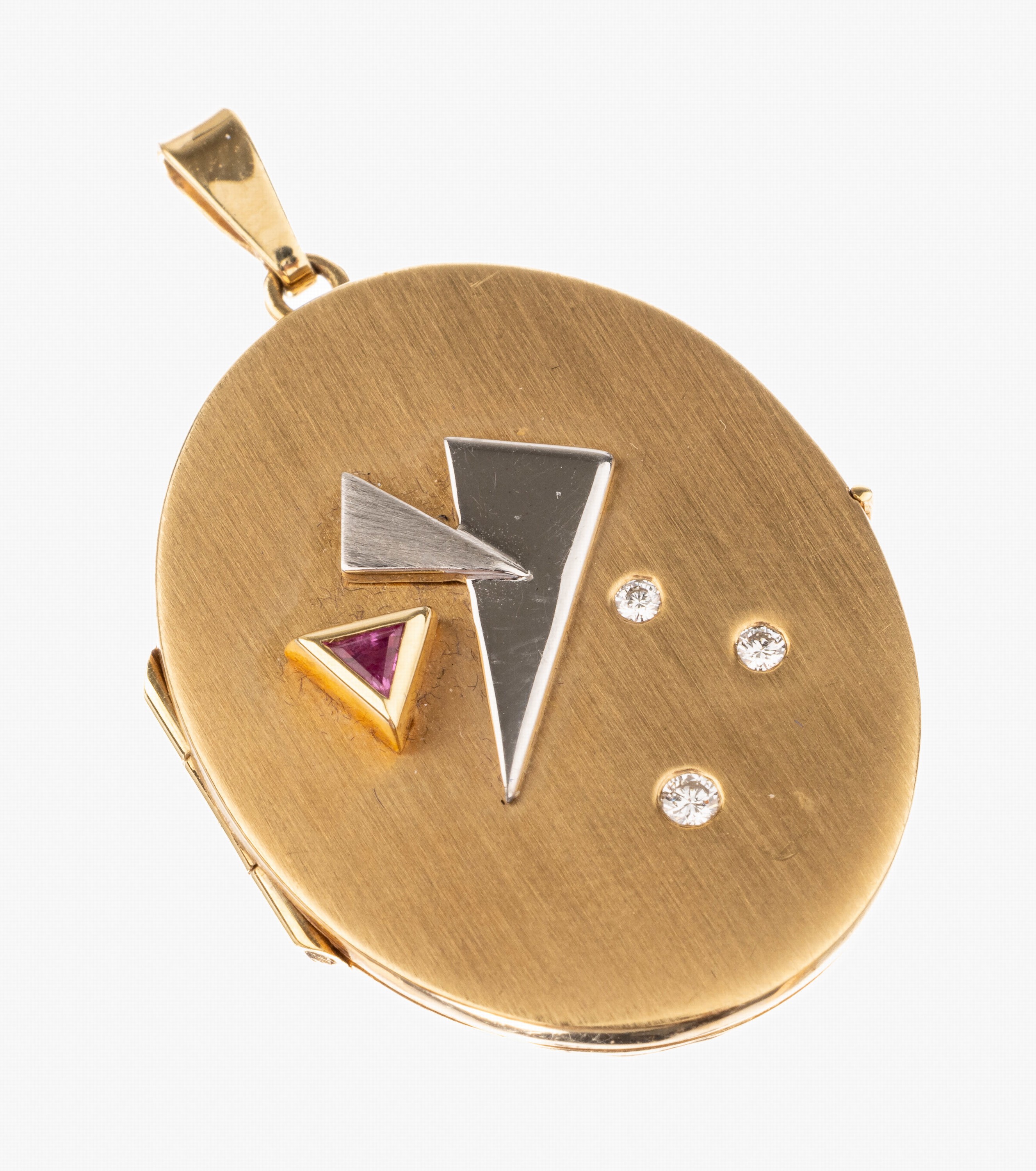 14 kt Gold Rubin-Brillant-Medaillonanhänger, GG/WG 585/000, satiniert, Rubin-Triangel, aufgelegte WG-Dreiecke, 3 Brillanten zus. ca. 0.06 ct, ...