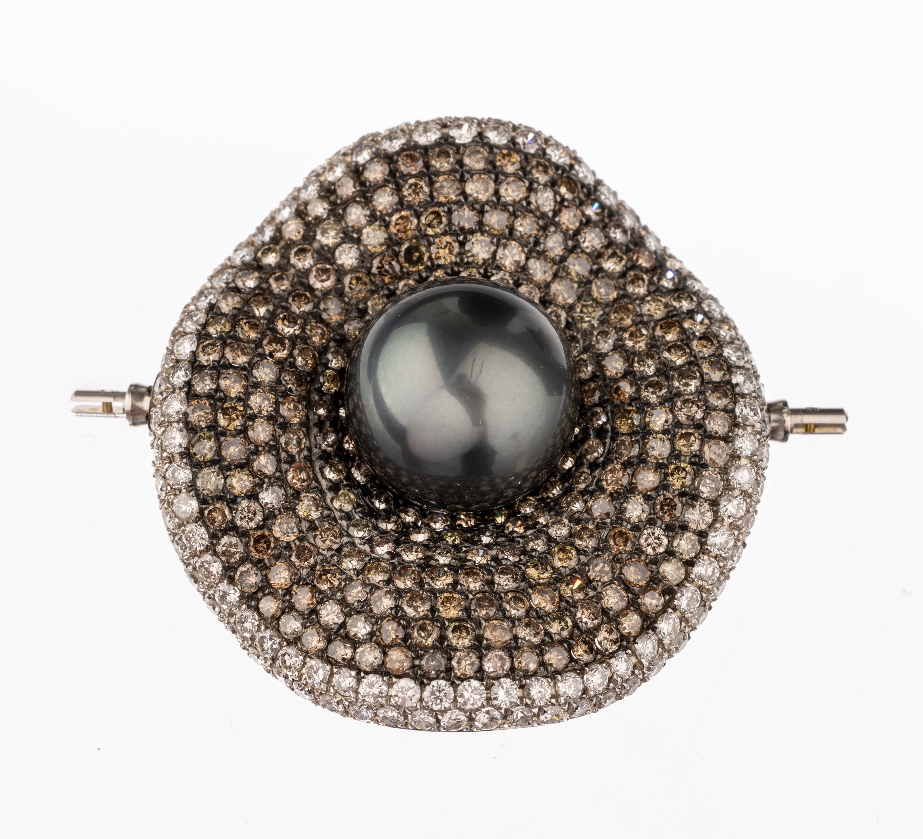 18 kt Gold Perl-Diamant-Anhänger, WG 750/000, graue Tahitizuchtperle, D. ca. 13 mm,Diamanten zus. ca. 5.30 ct Weiß/si und Braun, ca. 3 cm, ca. ...