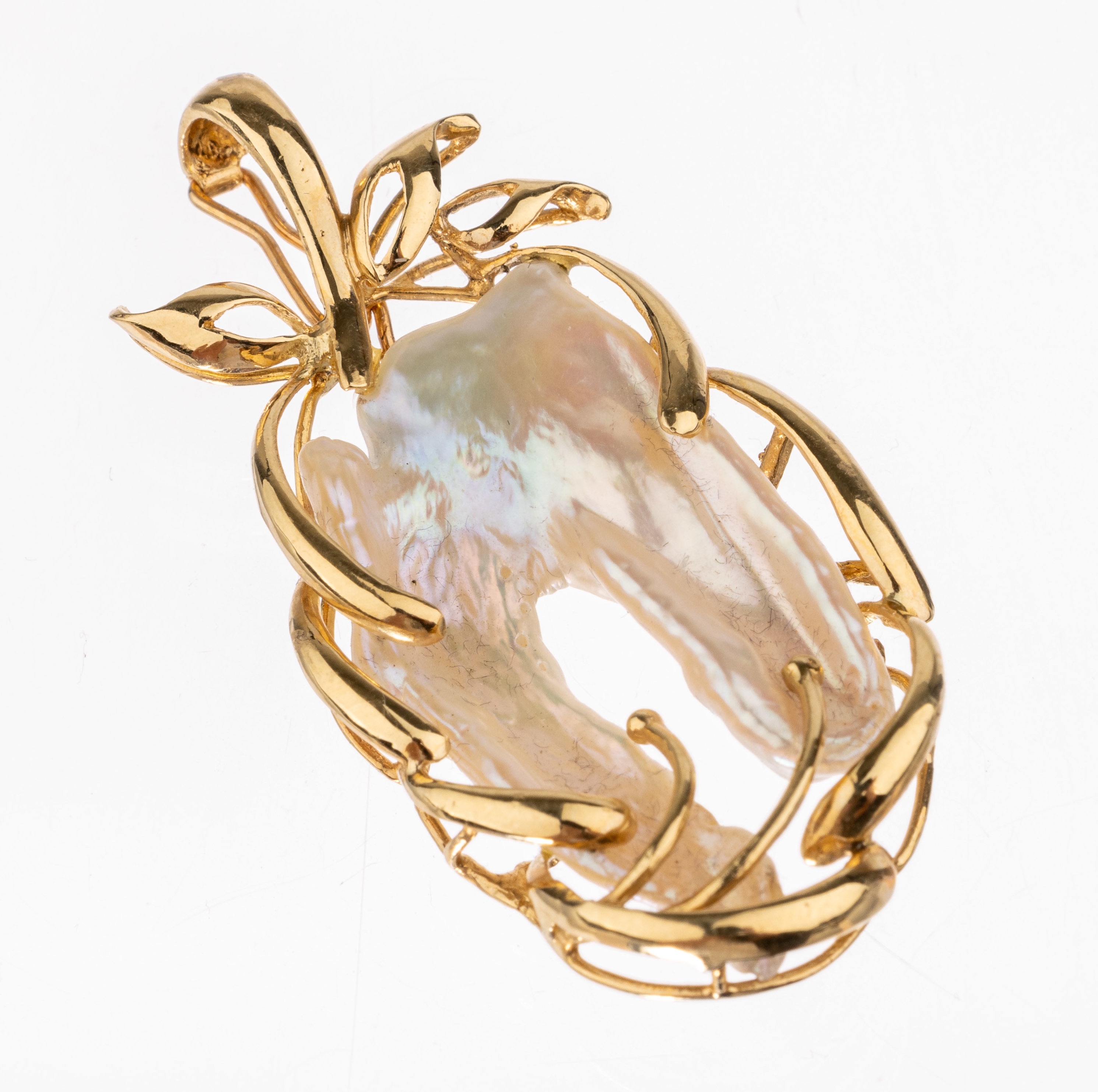 14 kt Gold Perl-Clipanhänger, GG 585/000, abstrakte Gestaltung, Zwillingsperle mit rosafarb. Lüster, ca. 4.5 x 2.2 cm, ca. 5.2 g