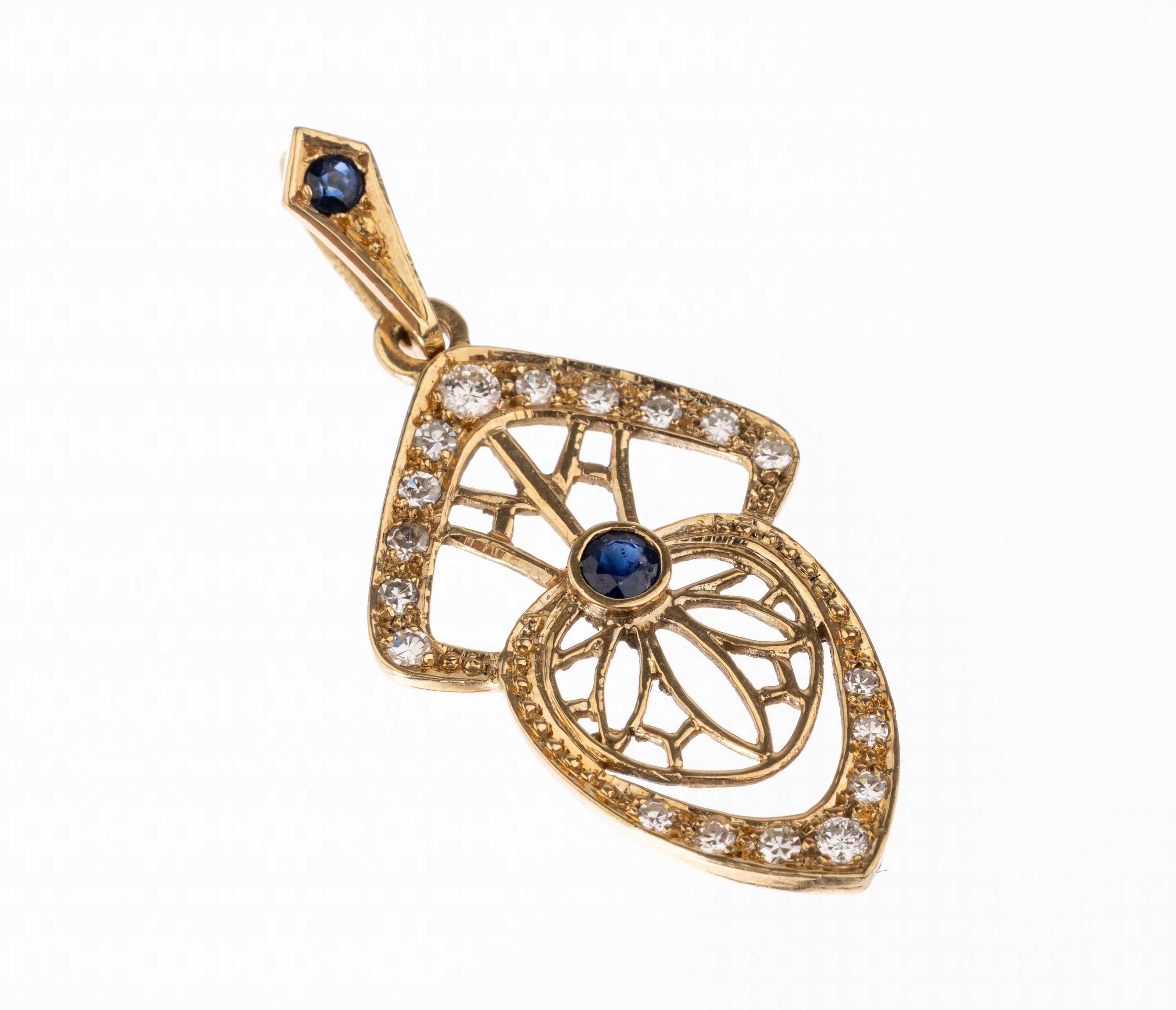 14 kt Gold Diamant-Saphir-Anhänger, GG 585/000, durchbrochen gearbeitet, 2 rundfacett. Saphire zus. ca. 0.05 ct, 2 Brillanten und 16 8/8-Diamanten ...