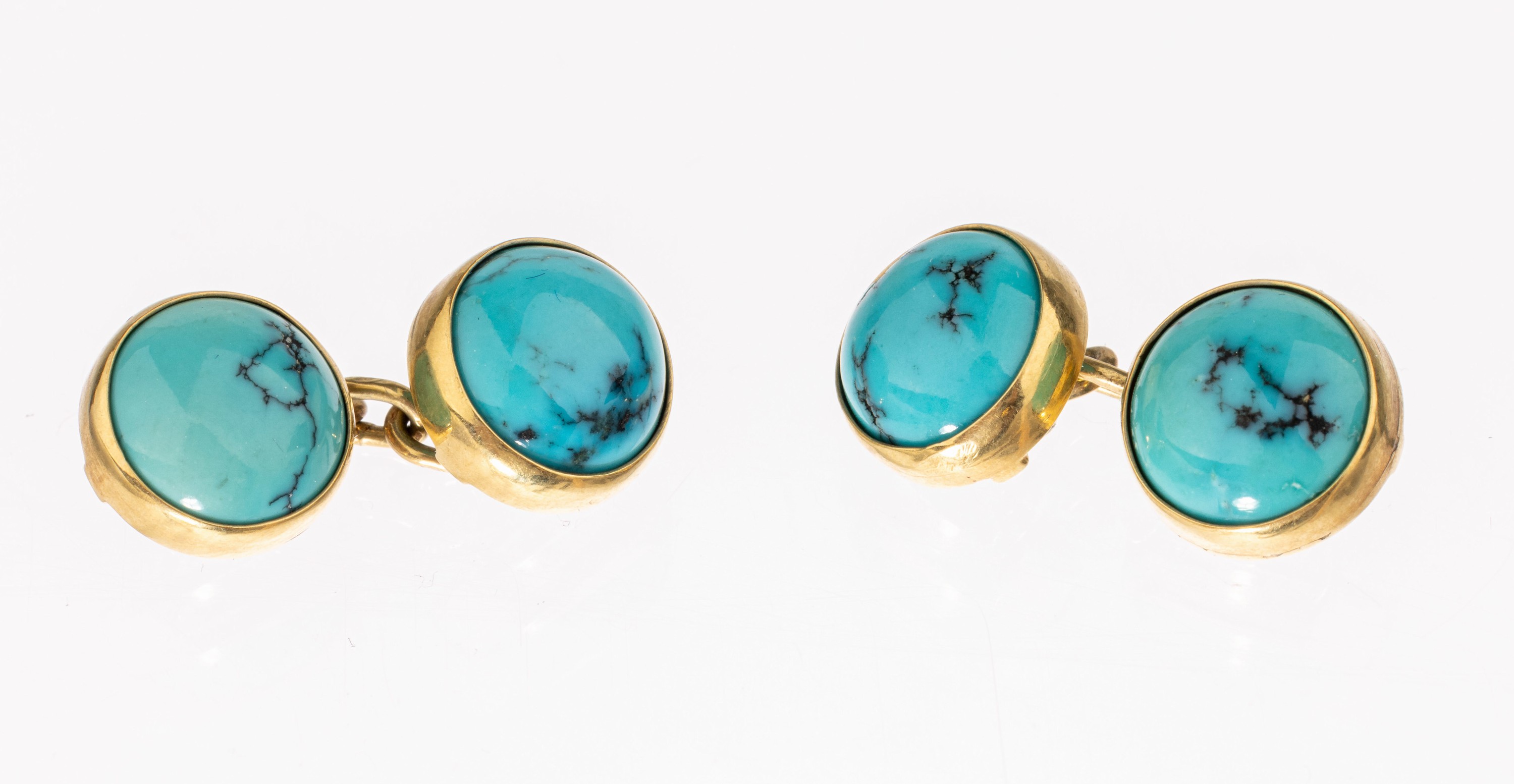 Paar 14 kt Gold Türkis-Manschettenknöpfe, GG 585/000, 4 runde Türkiscabochons, mit Kettenglieder verbunden, ca. 6.3 g