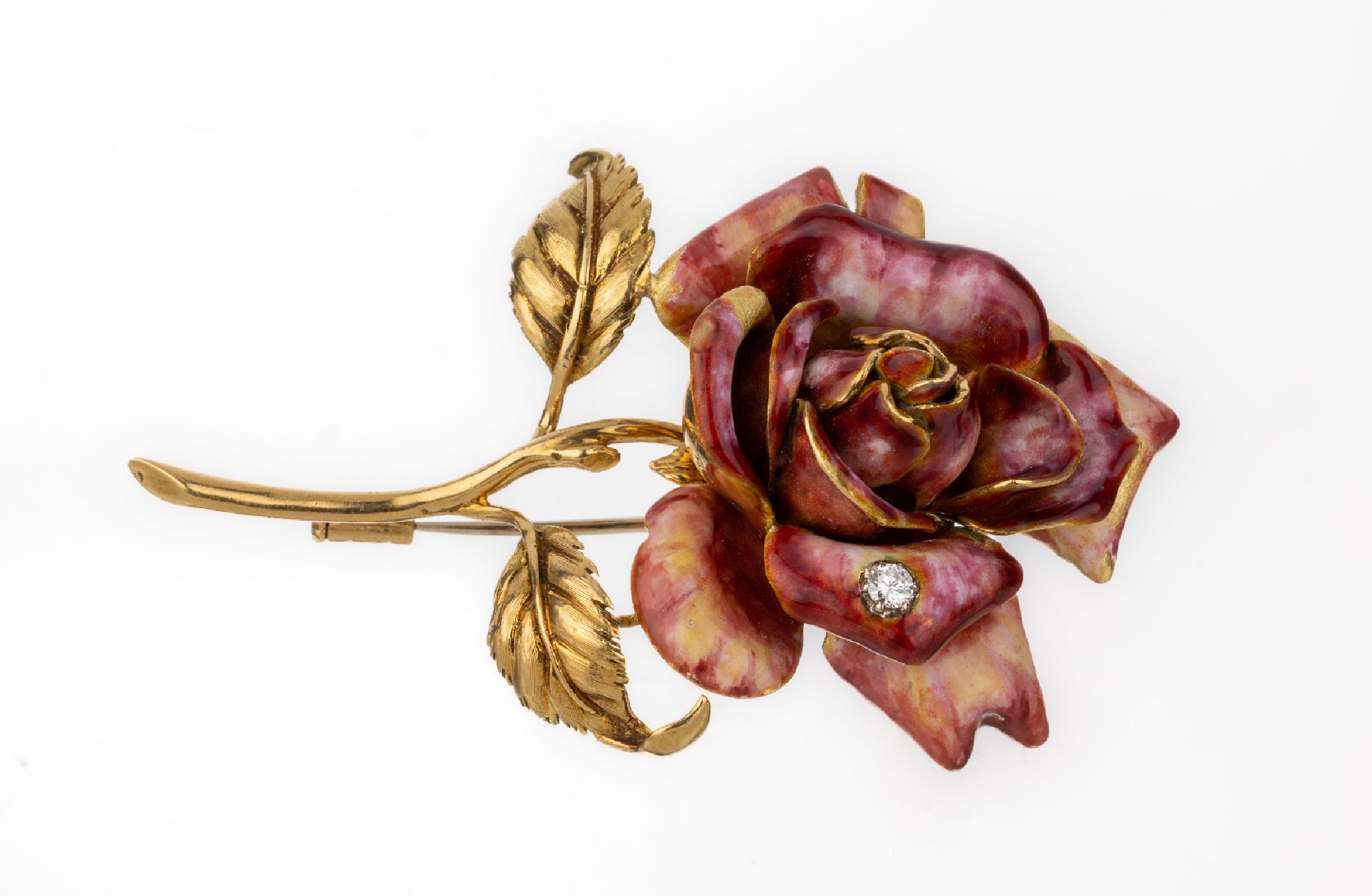 Ausgefallene 18 kt Gold Brosche in Form einer Rose, GG 750/000, Blüte rot und gelb im Verlauf emailliert, 1 Brillant ca. 0.10 ct, Weiß/si, ital. ...