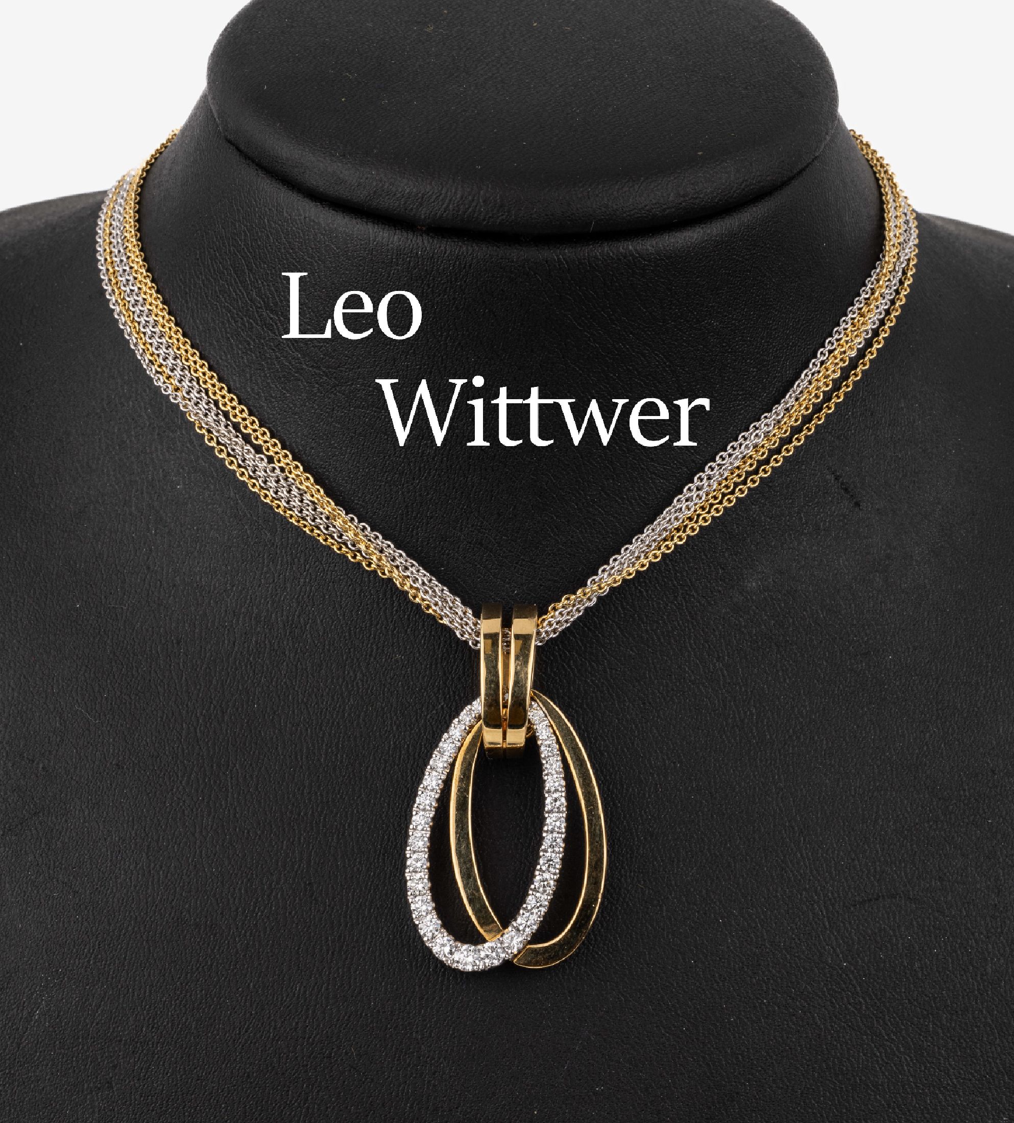 18 kt Gold LEO WITTWER Brillant-Anhänger, GG/WG 750/000, Brillanten zus. ca. 1.19 ct feines Weiß-Weiß/vs-si, an 6-rhg. Kette, GG/WG750/000, L. ...