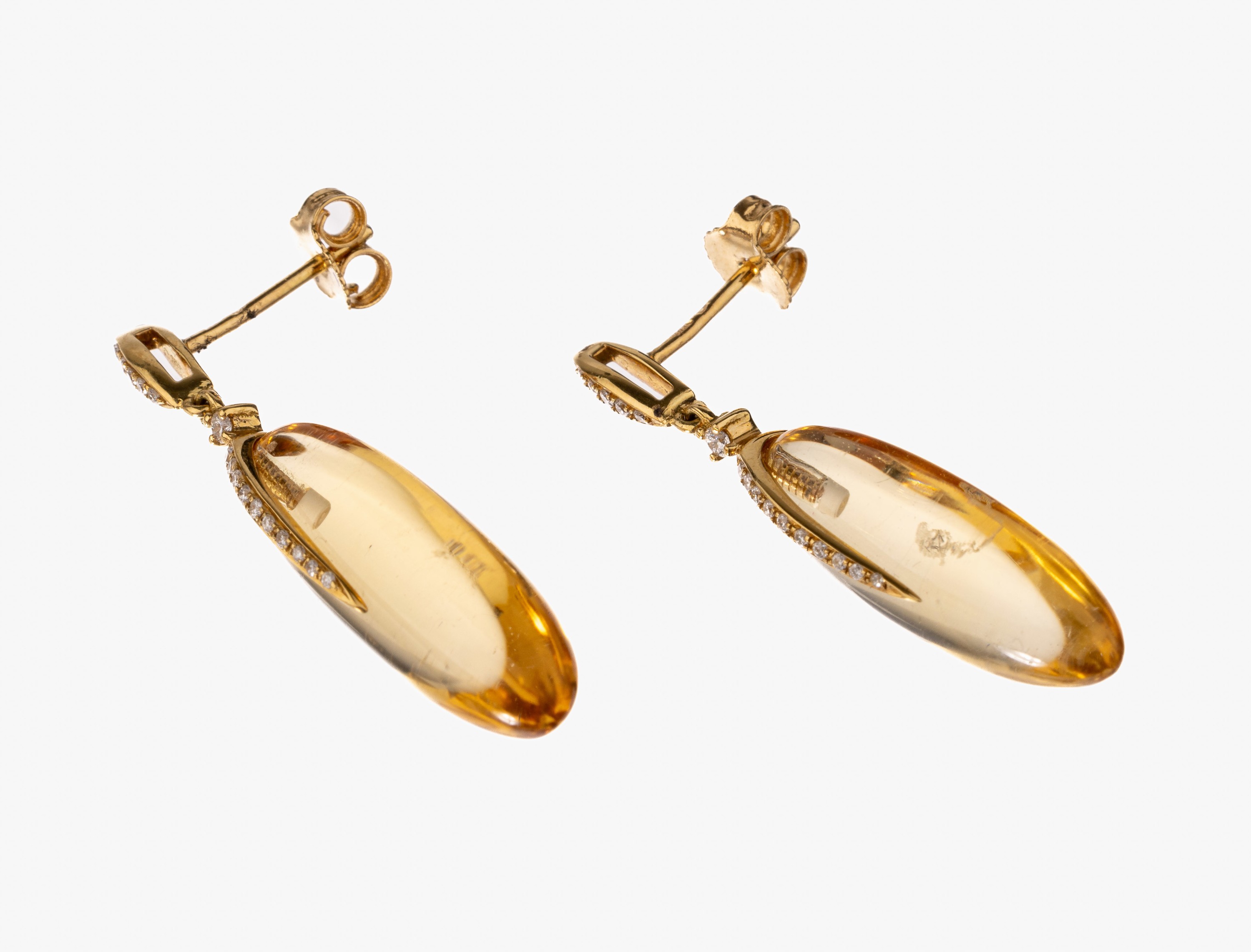 Paar 18 kt Gold Citrin-Brillant-Ohrstecker, GG 750/000, länglich bewegl., 2 Citrinpampeln zus. ca. 15.3 ct, Brillanten zus. ca. 0.12 ct Weiß/si, L. ...
