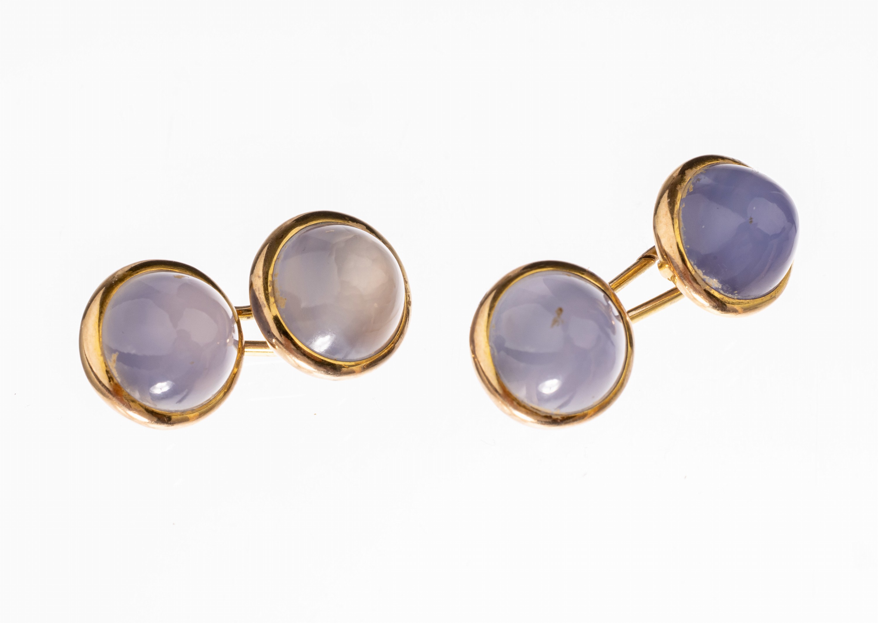 Paar 14 kt Gold Chalcedon-Manschettenknöpfe, GG 585/000, 4 hohe Chalcedon-Cabochons, ca. 6.9 g