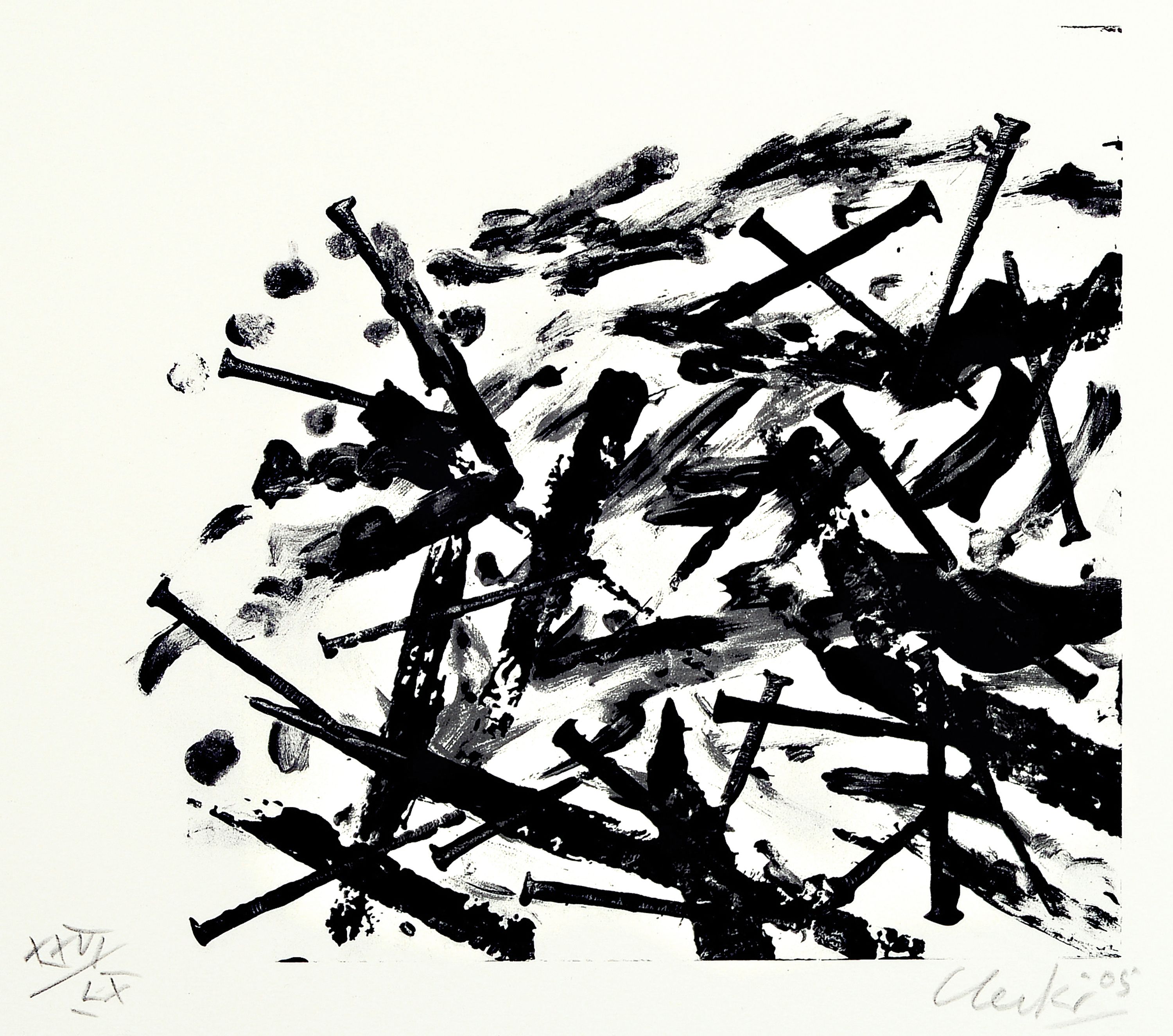 Günther Uecker, geb. 1930, Lithografie aus der Serie Sarajewo, num. XXVI/LX, datiert 05, Blattgr. ca. 43 x 48 cm, unter Glas, Rahmen: 52.5 x 57 cm, ...