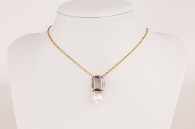 26754270b - 14 kt gold amethyst-akoya cultured pearl- pendant