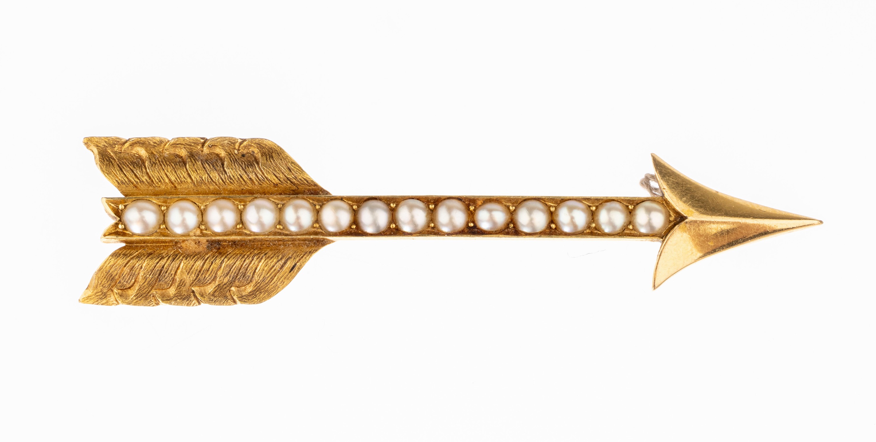 14 kt Gold Perl-Anhänger "Pfeil", GG 585/000, graviert, kl. Saatperlen, L. ca. 5.5 cm