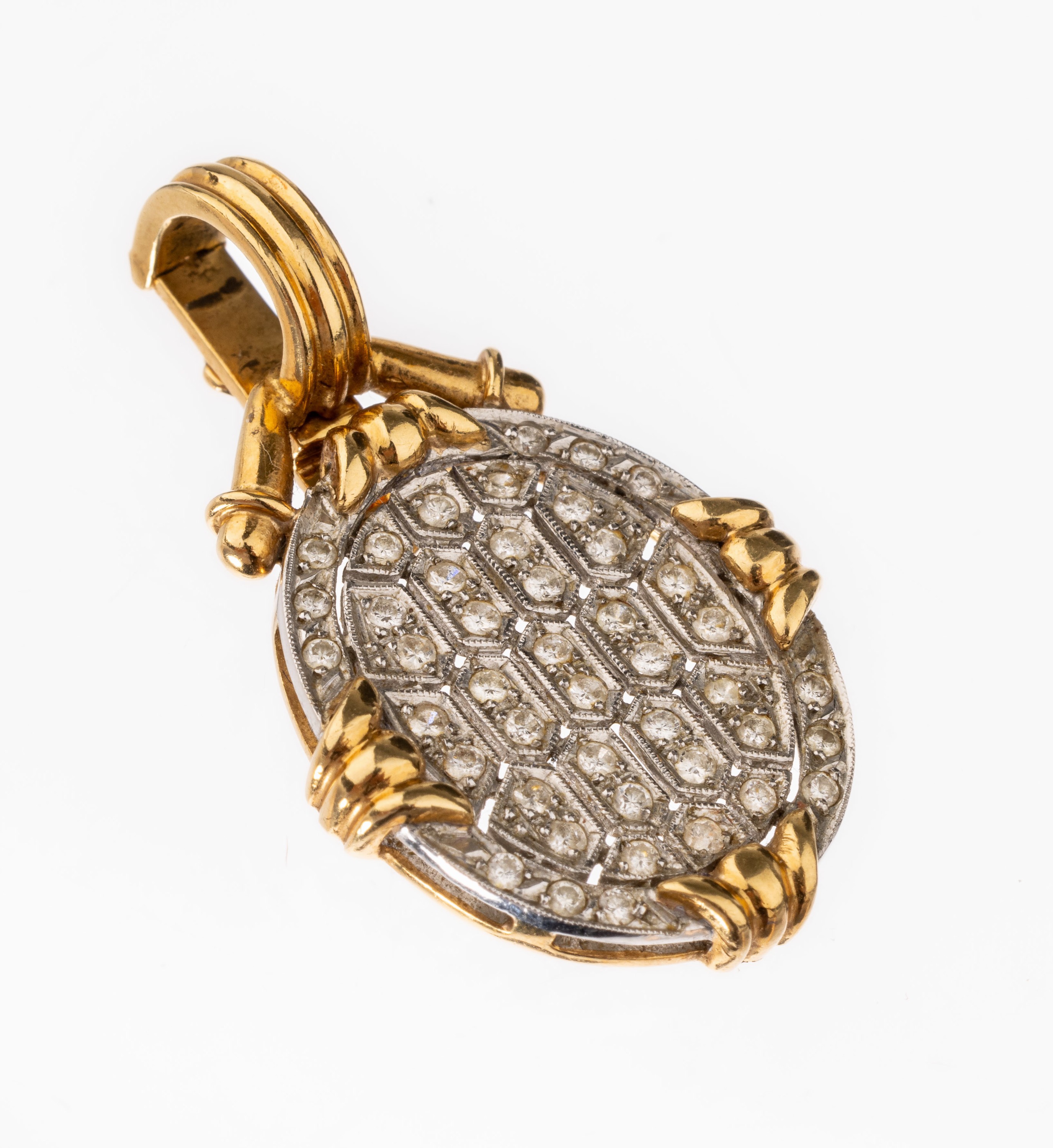 18 kt Gold Brillant-Anhänger, GG/WG 750/000, geometrisch, durchbrochen gearbeitet,44 Brillanten zus. ca. 1.0 ct Weiß/si-p, mit Sicherheitsacht, ...