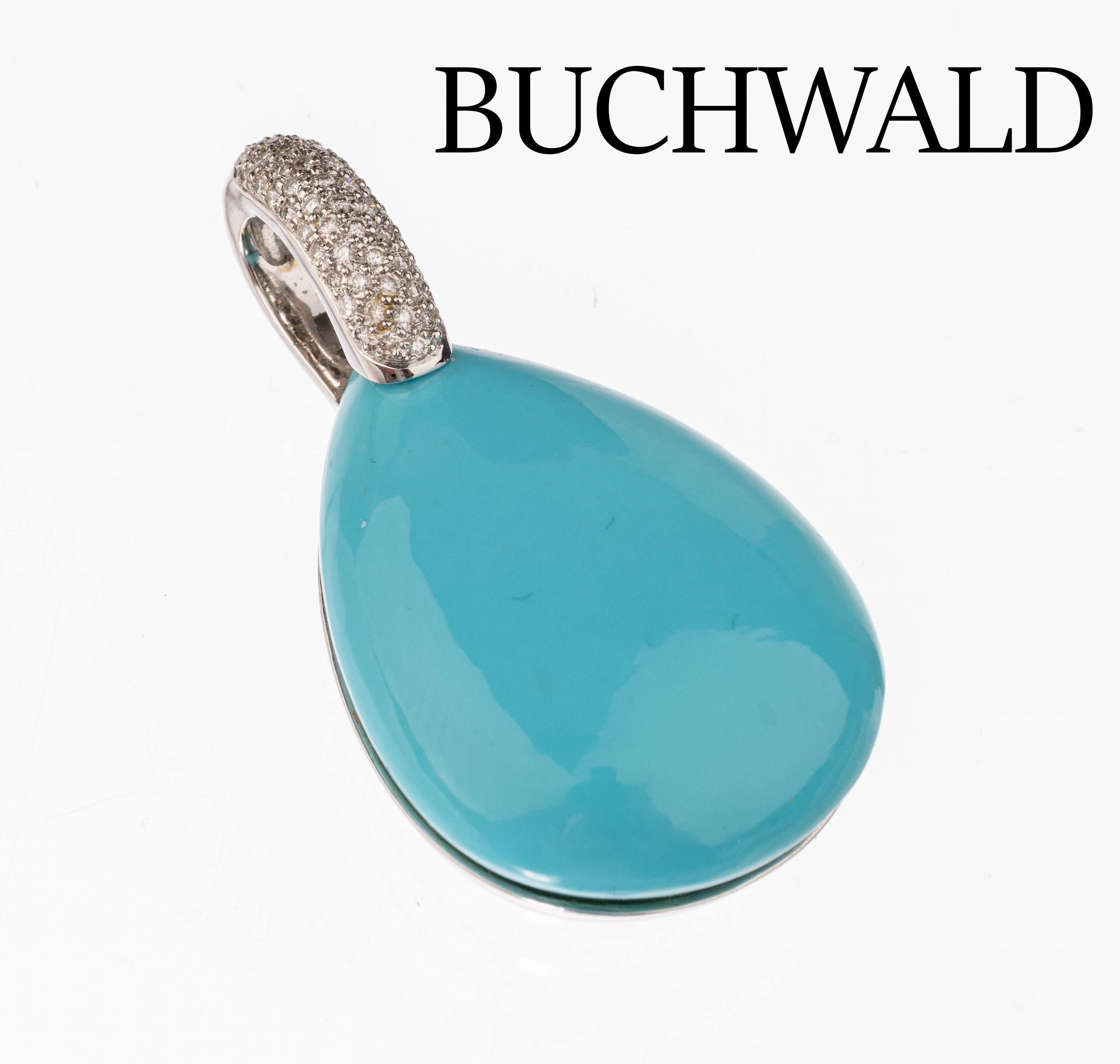 18 kt Gold Türkis-Brillant-Anhänger, WG 750/000, großer Türkiscabochon von guter Farbeca. 47.35 ct, Brillanten zus. ca. 0.27 ct Weiß/si, ...