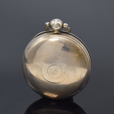 26754429b - JORDAN ROCHE silver verge pocket watch, London around 1832, engine-turned hunter case dent, hunter cover with monogram, enamel dial with Roman numerals, gilded hands, gold-plated movement with chain and fusee, pierced and engraved balance-cock with diamond endstone, blued screws, diameter approx. 49 mm, hinge worn out, overhaul recommended at buyer's expense, condition 3